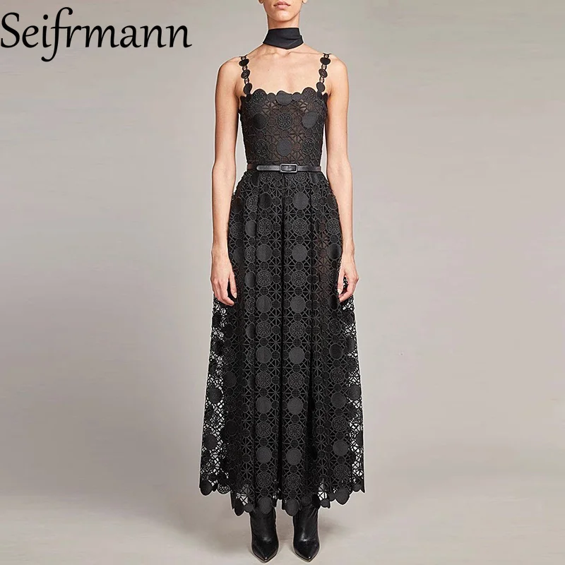 Seifrmann Fashion design Women Evening Party Dress Spaghetti Strap Backless Lace Hollow Out Elegant Dresses With Belt
Seifrmann Fashion design Women Evening Party Dress Spaghetti Strap Backless Lace Hollow Out Elegant Dresses With Belt