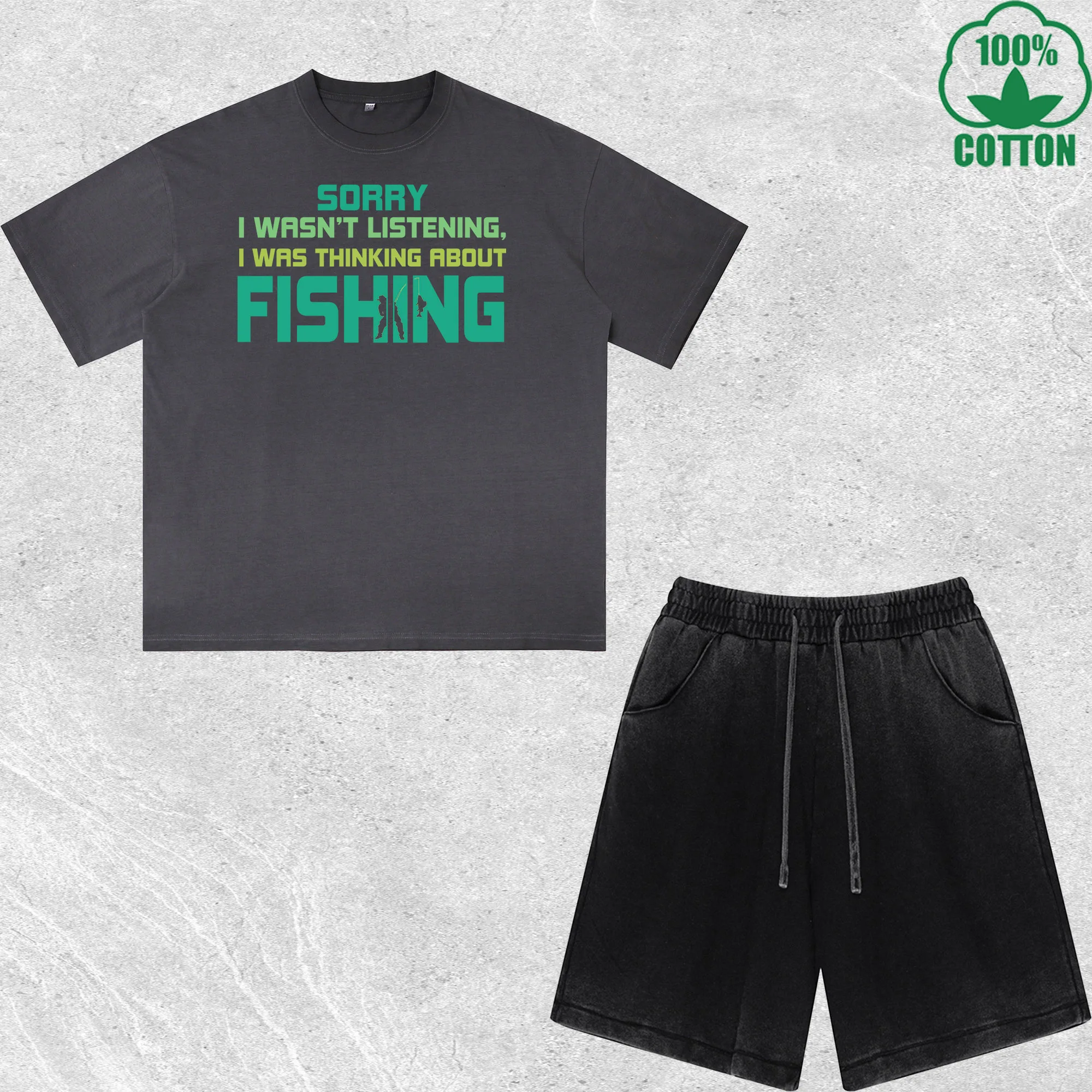 Sorry Fishing Printed Dirty Wash T-Shirt Shorts Set Multicolor Combo Loose Trendy Fashionable 100%Cotton
Sorry Fishing Printed Dirty Wash T-Shirt Shorts Set Multicolor Combo Loose Trendy Fashionable 100%Cotton