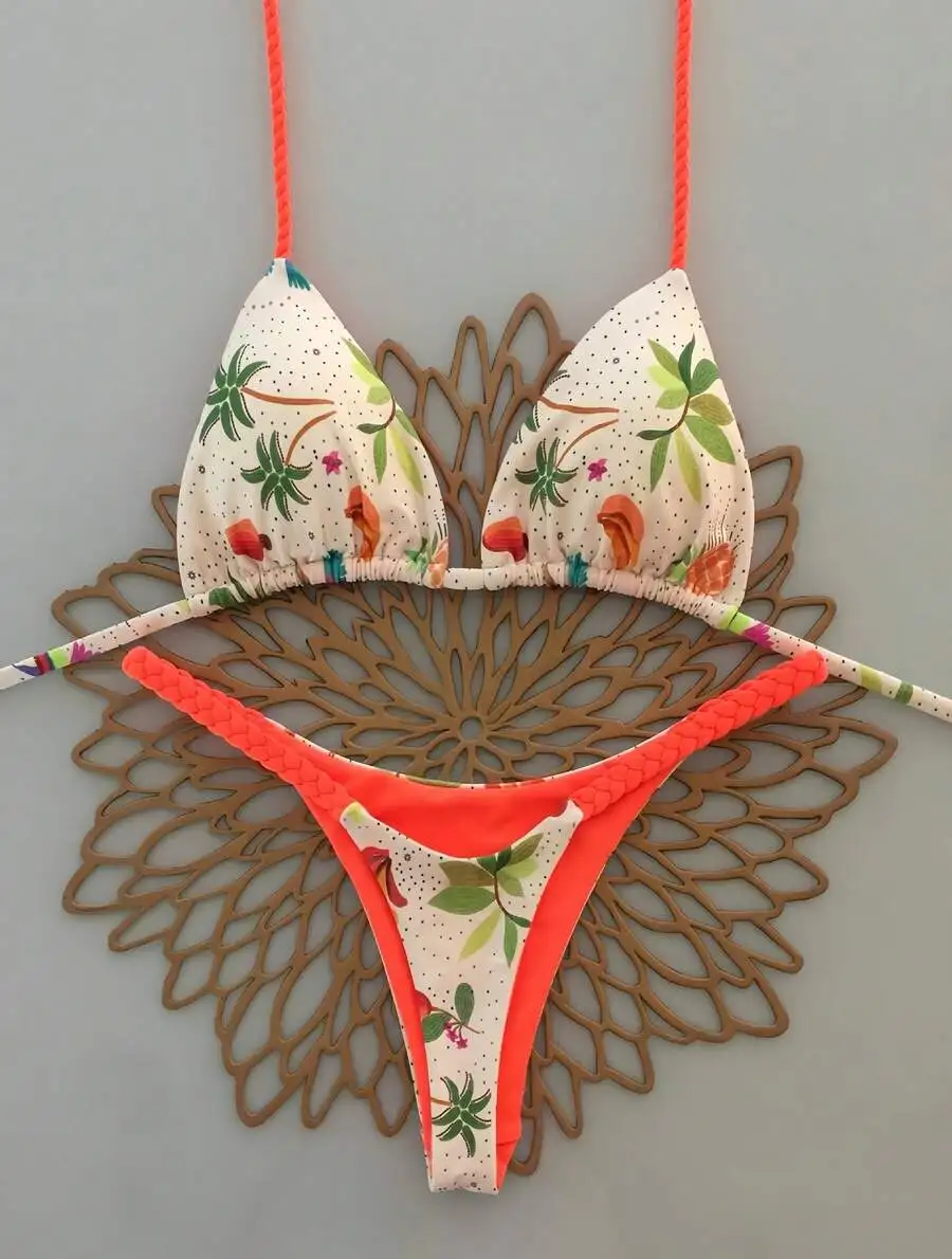 Womens Triangle Bikini Set With Tropical Print And Braided Straps
Womens Triangle Bikini Set With Tropical Print And Braided Straps