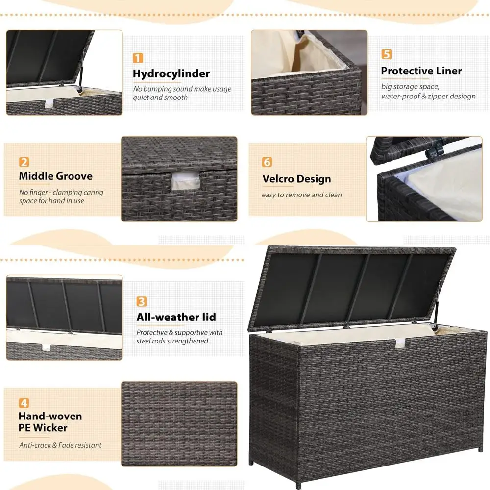 Gray 120 Gallon Outdoor Patio Storage Bin, Waterproof Wicker Deck Box for Cushions and Garden Tools
Gray 120 Gallon Outdoor Patio Storage Bin, Waterproof Wicker Deck Box for Cushions and Garden Tools