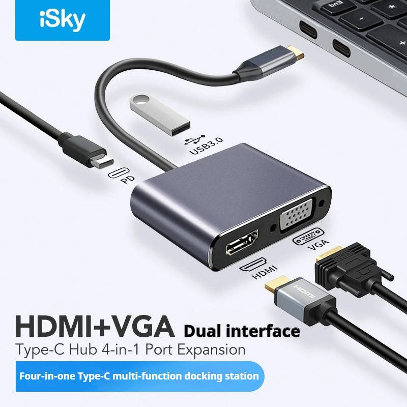 iSky 4 in 1 Type-C Docking Station USB Type-C To VGA 4K HDMI-compatible PD USB 3.0 Hub Laptop Dock Station PC Accessories
iSky 4 in 1 Type-C Docking Station USB Type-C To VGA 4K HDMI-compatible PD USB 3.0 Hub Laptop Dock Station PC Accessories