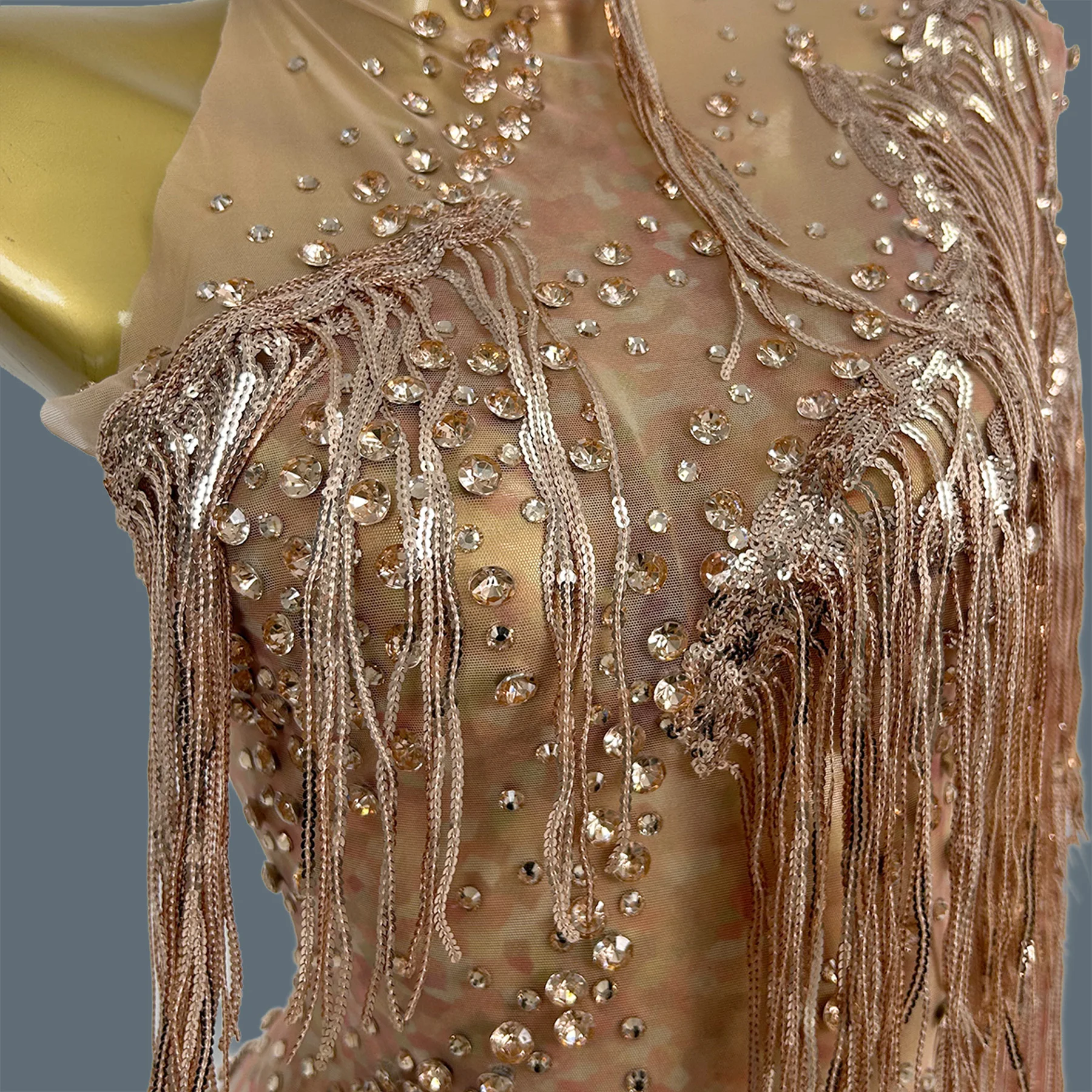 Sparkly See Through Mesh One Shoulder Long Sleeve Dress Gold Sequin Beaded Tassel Stage Show Costume Party Evening Wear Liulang
Sparkly See Through Mesh One Shoulder Long Sleeve Dress Gold Sequin Beaded Tassel Stage Show Costume Party Evening Wear Liulang