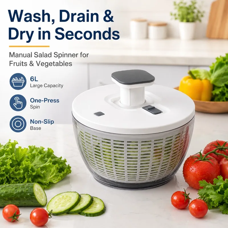 Large 6L Salad Spinner Vegetable Washer Manual Press Fruit Dryer with Removable Basket, Clear Bowl and Quick Stop Button
Large 6L Salad Spinner Vegetable Washer Manual Press Fruit Dryer with Removable Basket, Clear Bowl and Quick Stop Button