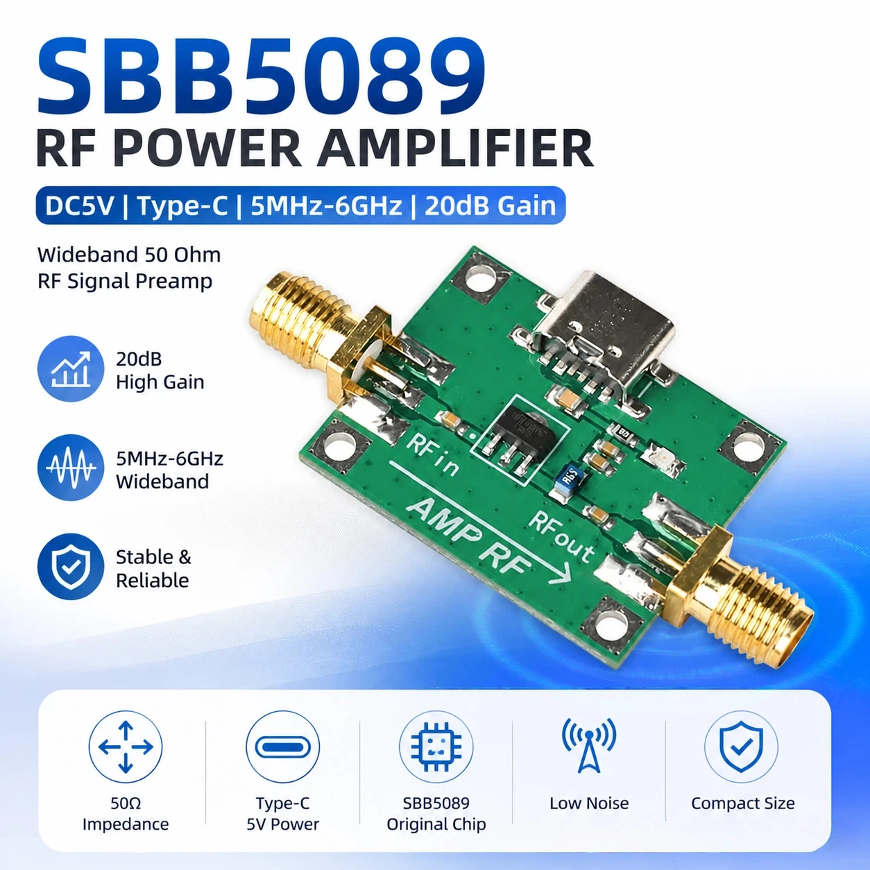 SBB5089 RF Power Amplifier DC5V Type C 5MHz-6GHz 20dB Gain Wideband 50 Ohm RF Signal Preamp For Wireless Test
SBB5089 RF Power Amplifier DC5V Type C 5MHz-6GHz 20dB Gain Wideband 50 Ohm RF Signal Preamp For Wireless Test