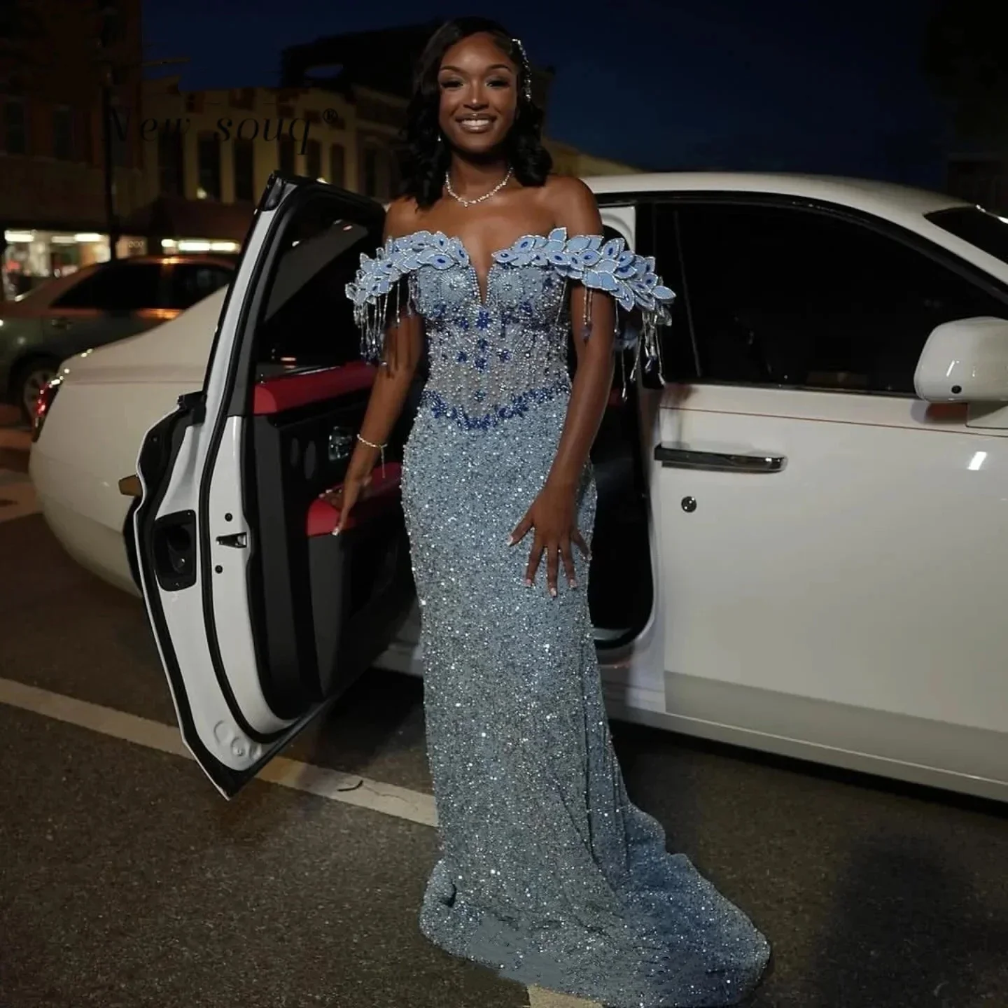 Aso Ebi African Blue Off Shoulder Mermaid Evening Dresses Crystal Pearls Tassel Party Gowns for Black Girls Customized
Aso Ebi African Blue Off Shoulder Mermaid Evening Dresses Crystal Pearls Tassel Party Gowns for Black Girls Customized