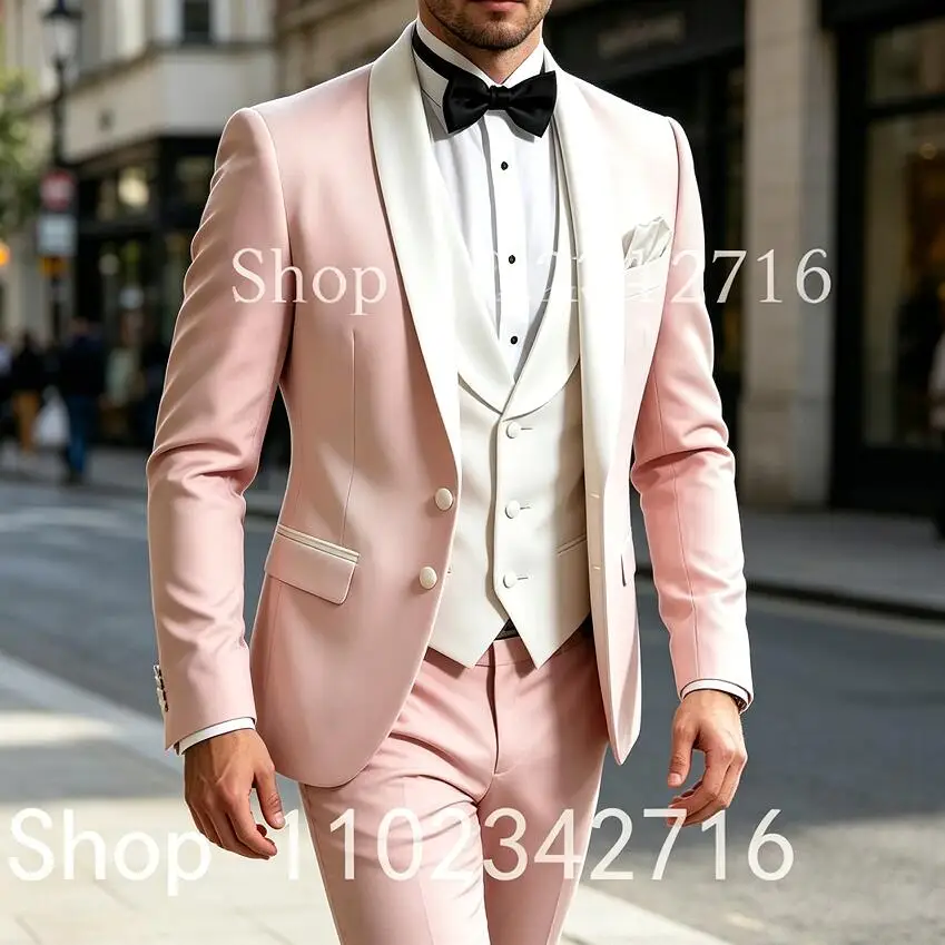 New Pink 3 Piece Wedding Men Suits Slim Fit Shawl Lapel Business Formal Groom Blazer Vest Pants Set Male Office Party Dress Suit
New Pink 3 Piece Wedding Men Suits Slim Fit Shawl Lapel Business Formal Groom Blazer Vest Pants Set Male Office Party Dress Suit