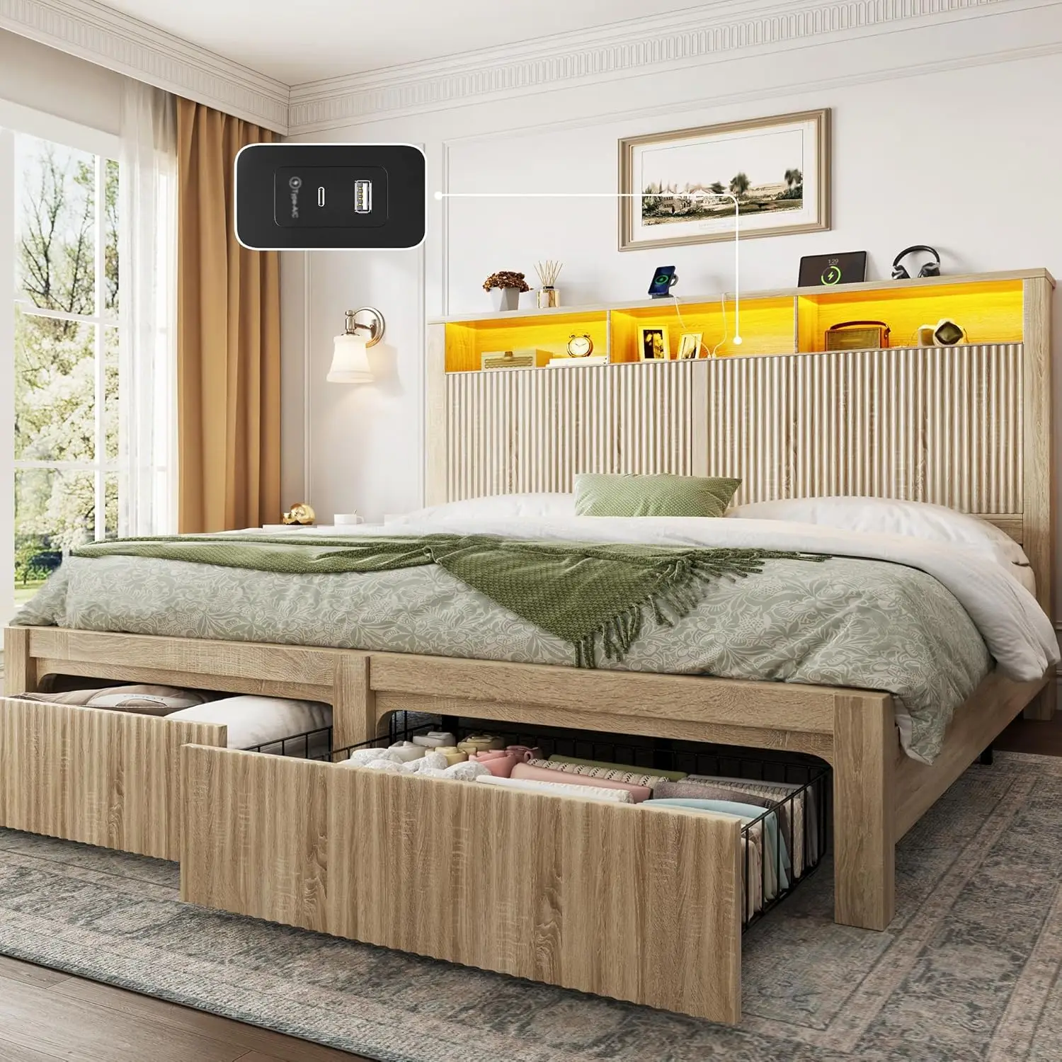 King Size Bed Frame with 2 Storage Drawers, Charging Port & LED Light, Wood King Bed Frame and 2-Tier Headboard, Wood
King Size Bed Frame with 2 Storage Drawers, Charging Port & LED Light, Wood King Bed Frame and 2-Tier Headboard, Wood