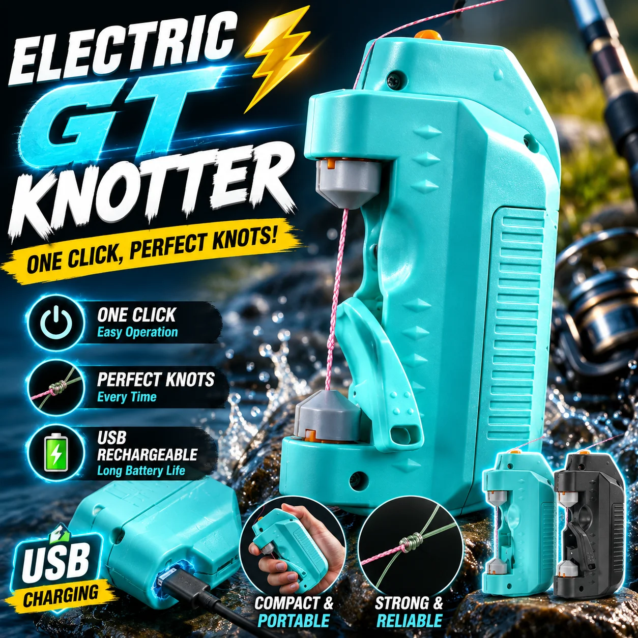 Electric GT Fishing Line Knotter One-Click Automatic Fish Hook Tying Tool USB Rechargeable Portable Compact Quick Knot Machine
Electric GT Fishing Line Knotter One-Click Automatic Fish Hook Tying Tool USB Rechargeable Portable Compact Quick Knot Machine