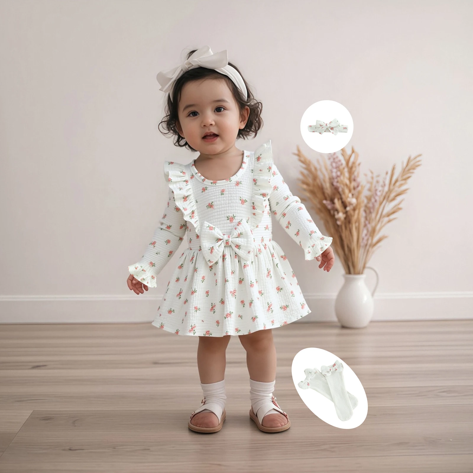 Осенняя одежда для маленьких девочек, комбинезон с цветочным принтом и бантами, оборками, отделкой, длинными рукавами, платье с бантом, повязка на голову и чулки, комплект из 3 предметов
Осенняя одежда для маленьких девочек, комбинезон с цветочным принтом и бантами, оборками, отделкой, длинными рукавами, платье с бантом, повязка на голову и чулки, комплект из 3 предметов