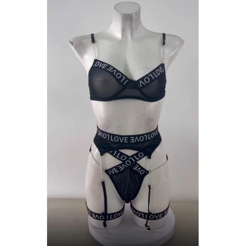 New European and American style women's Underwear set with mesh and letter print, three-piece set
New European and American style women's Underwear set with mesh and letter print, three-piece set