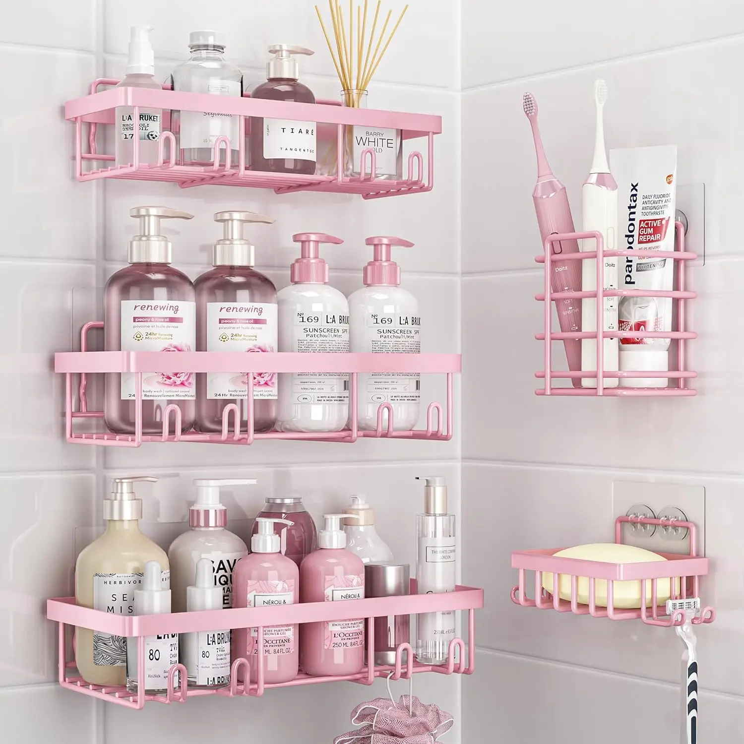 5-Pack Pink Shower Caddy Organizer, Adhesive Rustproof Stainless Steel Bathroom Storage
5-Pack Pink Shower Caddy Organizer, Adhesive Rustproof Stainless Steel Bathroom Storage
