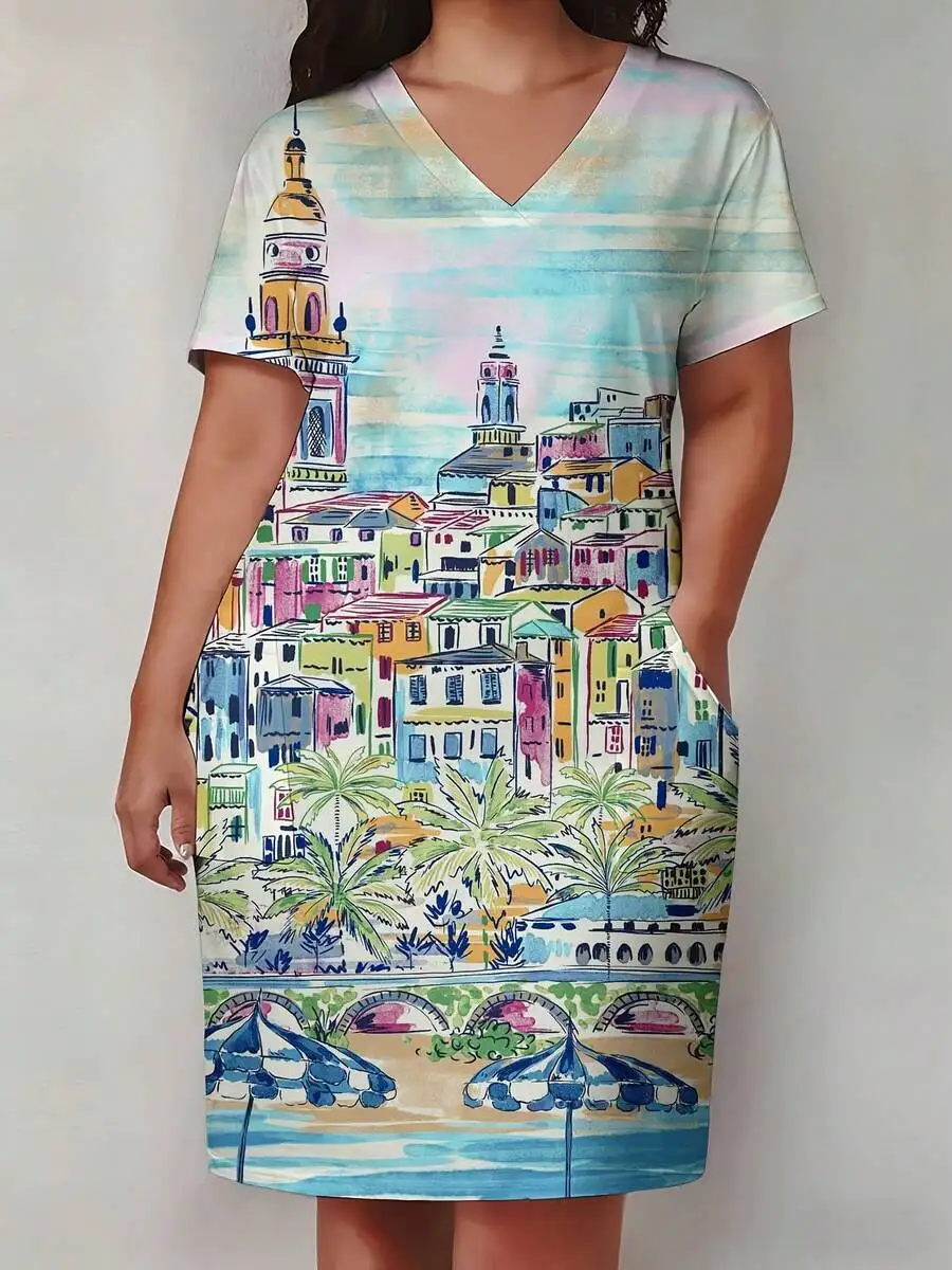 Women’s V-Neck Short Sleeve Dress With Vibrant Mediterranean Town Print, Palm Trees And Beach Umbrellas
Women’s V-Neck Short Sleeve Dress With Vibrant Mediterranean Town Print, Palm Trees And Beach Umbrellas