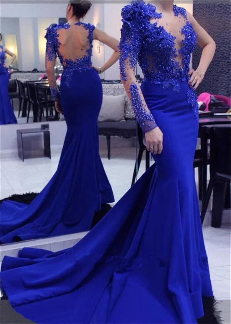 Royal Blue One Shoulder Prom Dress long Evening dress Backless Pearls Beaded Mermaid Party gown One Long Sleeve Customized
Royal Blue One Shoulder Prom Dress long Evening dress Backless Pearls Beaded Mermaid Party gown One Long Sleeve Customized