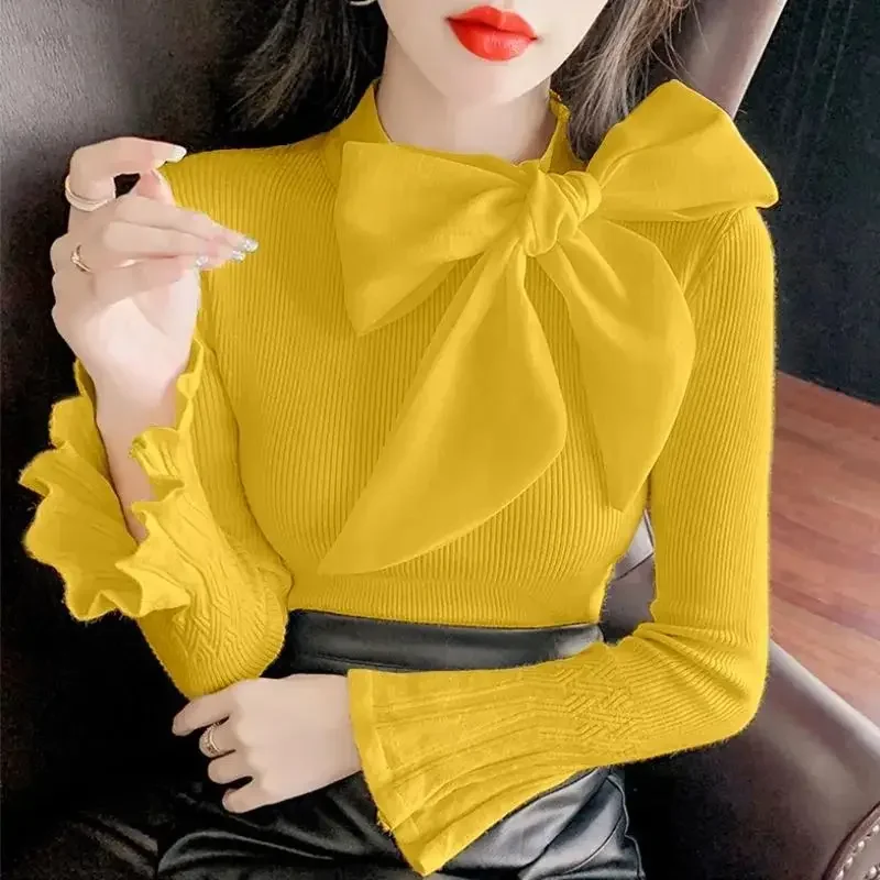 Elegant Fashion Solid Flare Sleeve Bow Knitted Sweater All-match Casual Pullovers Blouse Sweet Korean Shirt Women Clothing LJ592
Elegant Fashion Solid Flare Sleeve Bow Knitted Sweater All-match Casual Pullovers Blouse Sweet Korean Shirt Women Clothing LJ592