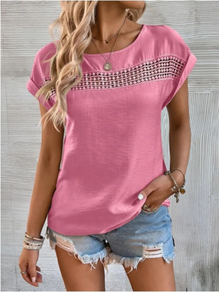 Lace Hollow Short Sleeved Solid Color Round Neck Women's T-shirt Street Trend Casual Comfortable Women's Top
Lace Hollow Short Sleeved Solid Color Round Neck Women's T-shirt Street Trend Casual Comfortable Women's Top