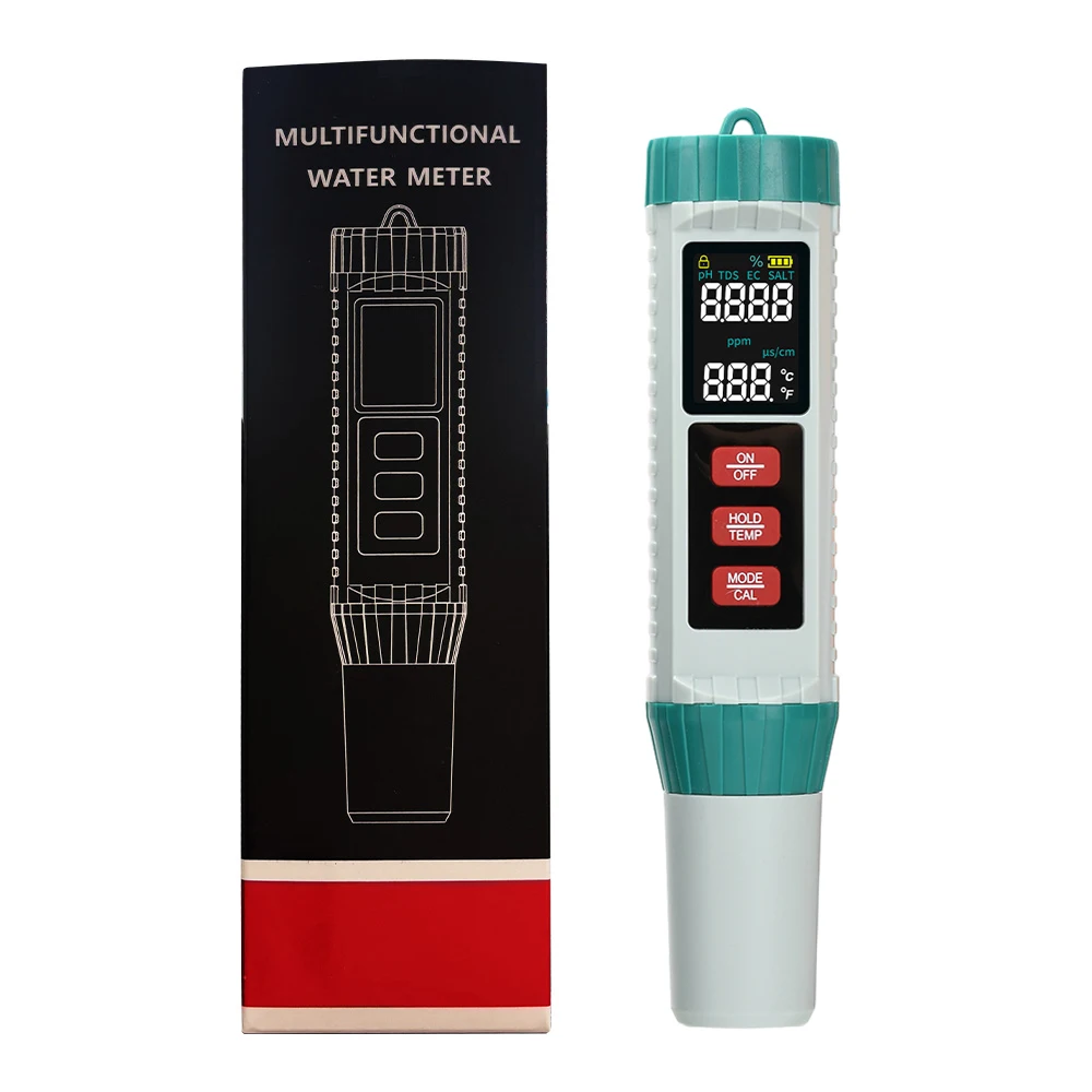 Pool Water Tester High Accuracy PH Meter LCD Five in One Portable Multifunctional Water Quality Inspection PH/EC/TDS/SALT/TENP
Pool Water Tester High Accuracy PH Meter LCD Five in One Portable Multifunctional Water Quality Inspection PH/EC/TDS/SALT/TENP