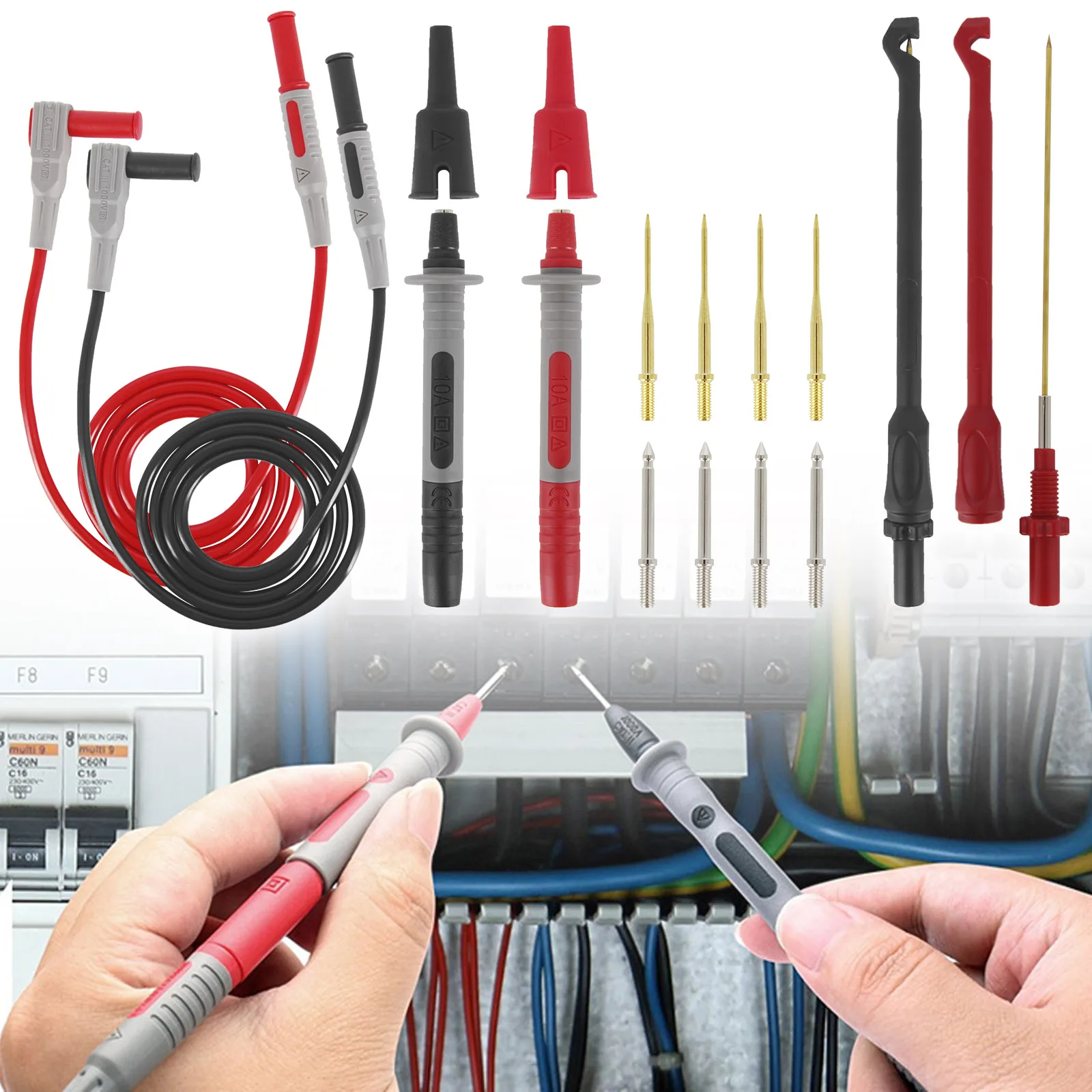 Multimeter Test Lead Kit With Wire Piercing Probes 4mm Banana Plug Puncture Hook Probes Set For Electronics 1000V/20A
Multimeter Test Lead Kit With Wire Piercing Probes 4mm Banana Plug Puncture Hook Probes Set For Electronics 1000V/20A