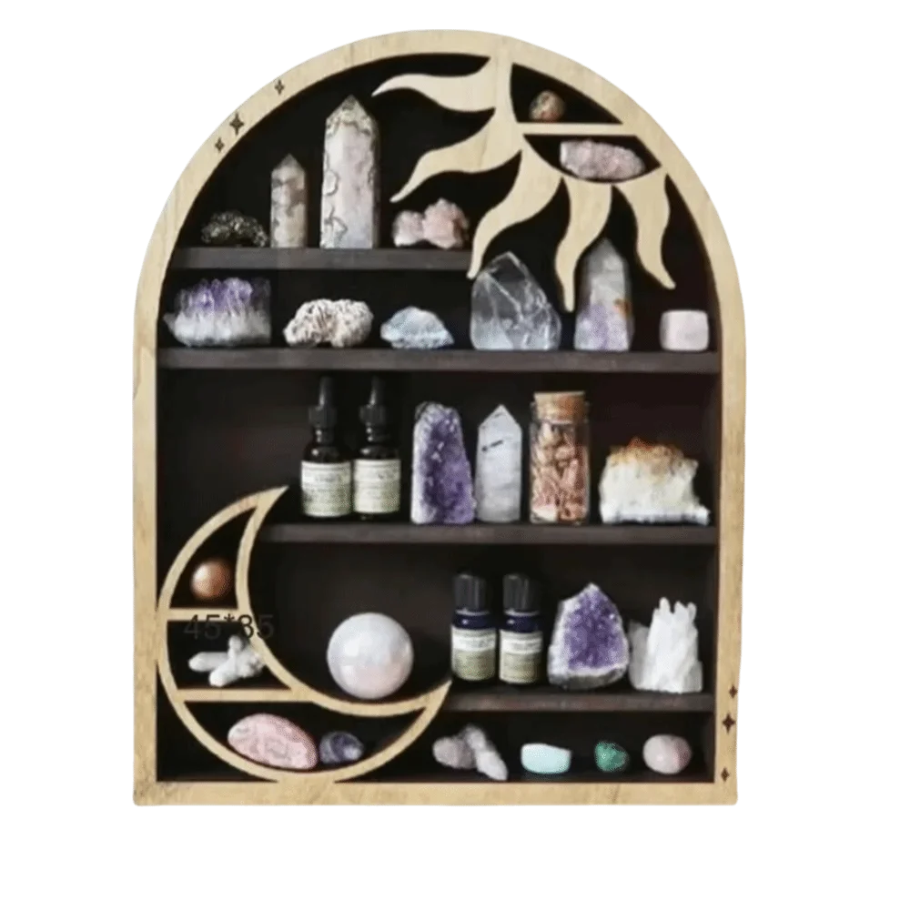 Wooden Material Wood Storage Shelf Crescent Sun Design Moon Design Wall Shelf Vintage Style Bohemian Style Crystal Shelf
Wooden Material Wood Storage Shelf Crescent Sun Design Moon Design Wall Shelf Vintage Style Bohemian Style Crystal Shelf