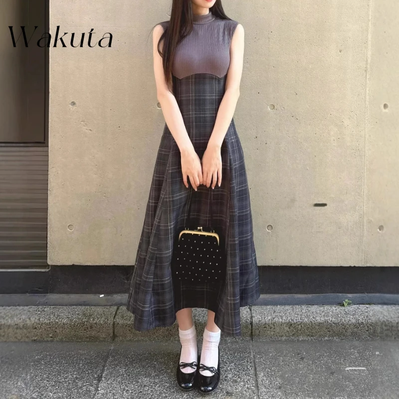 WAKUTA Japanese Elegant Simple Round Neck Sleeveless Splicing Plaid High Waist Dress Commuter Hundred Ladies Style Dating Dress
WAKUTA Japanese Elegant Simple Round Neck Sleeveless Splicing Plaid High Waist Dress Commuter Hundred Ladies Style Dating Dress