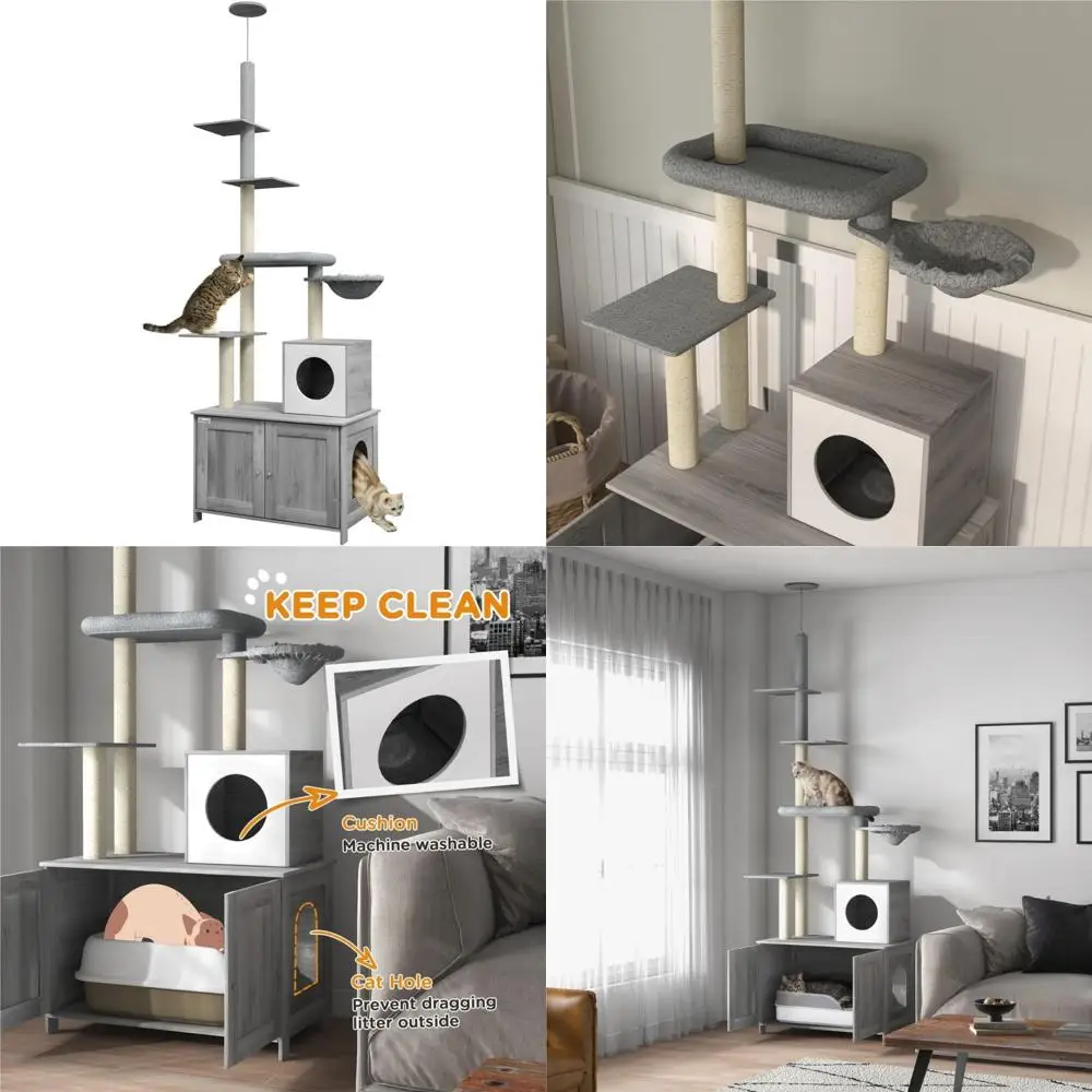 All-in-One Floor-to-Ceiling Cat Tree with Litter Box, Condo, Bed, Hammock, and Scratching Post
All-in-One Floor-to-Ceiling Cat Tree with Litter Box, Condo, Bed, Hammock, and Scratching Post