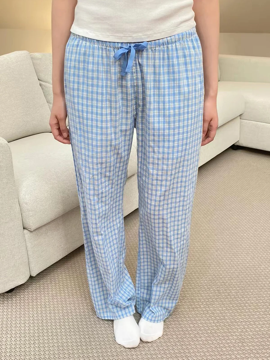 Blue Plaid Straight Pants Woman Summer Chic Drawstring Low Waist Trousers Female New Sweet Preppy Style Cozy Cotton Long Pant
Blue Plaid Straight Pants Woman Summer Chic Drawstring Low Waist Trousers Female New Sweet Preppy Style Cozy Cotton Long Pant