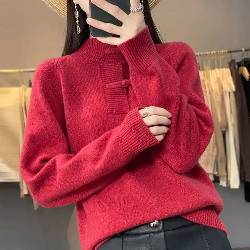 Women's Solid Color Sweater Chinese Style Autumn and Winter Half High Collar Vintage Button Pullover Loose Long Sleeve Knit Tops
Women's Solid Color Sweater Chinese Style Autumn and Winter Half High Collar Vintage Button Pullover Loose Long Sleeve Knit Tops