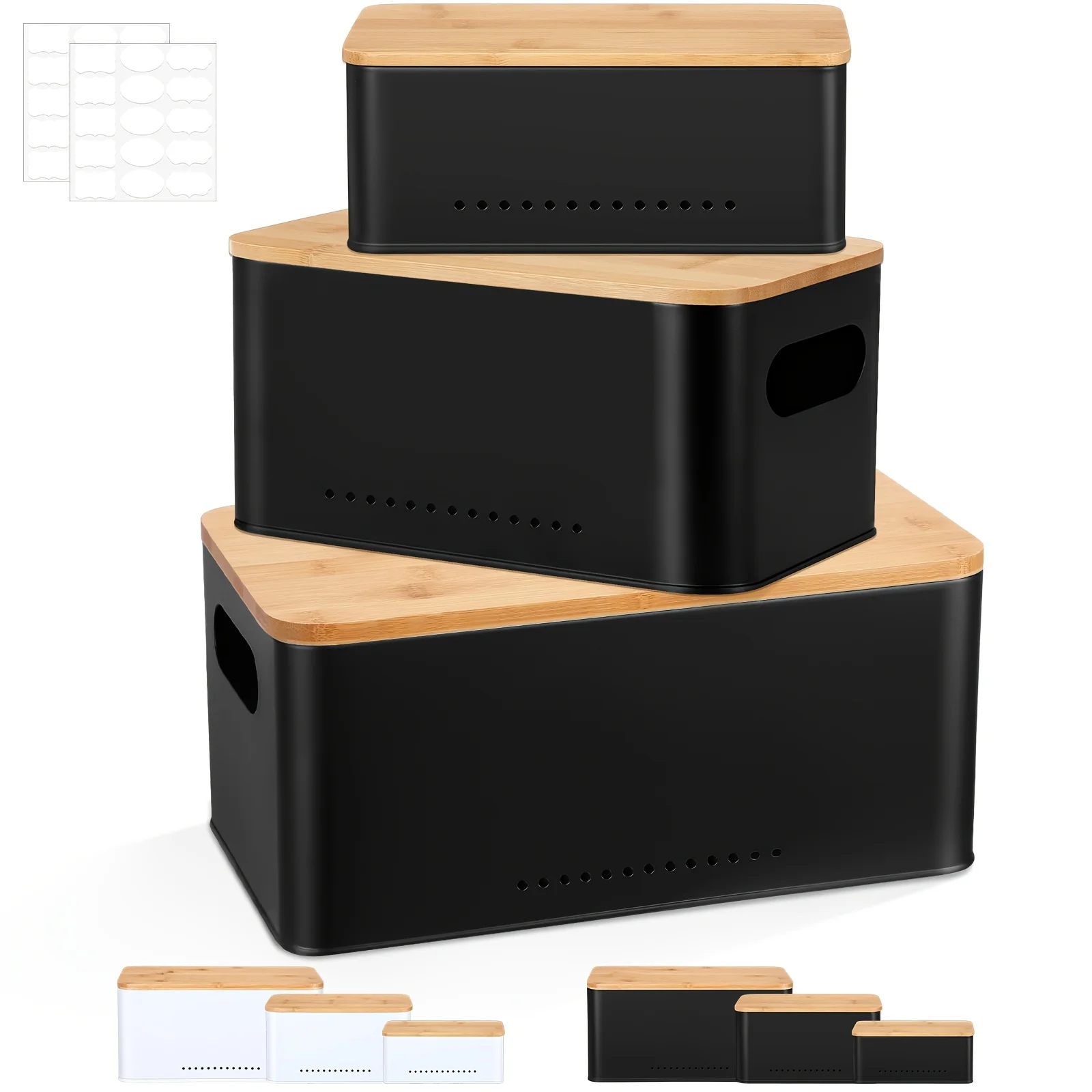3pcs Metal Storage Box with Bamboo Lid | Vegetable Potato Onion Aerating Keeper, Multi-size Farmhouse Storage Bin with Label Sticker for Kitchen, Toyroom, Bathroom, Office, Home, Business - Black
3pcs Metal Storage Box with Bamboo Lid | Vegetable Potato Onion Aerating Keeper, Multi-size Farmhouse Storage Bin with Label Sticker for Kitchen, Toyroom, Bathroom, Office, Home, Business - Black