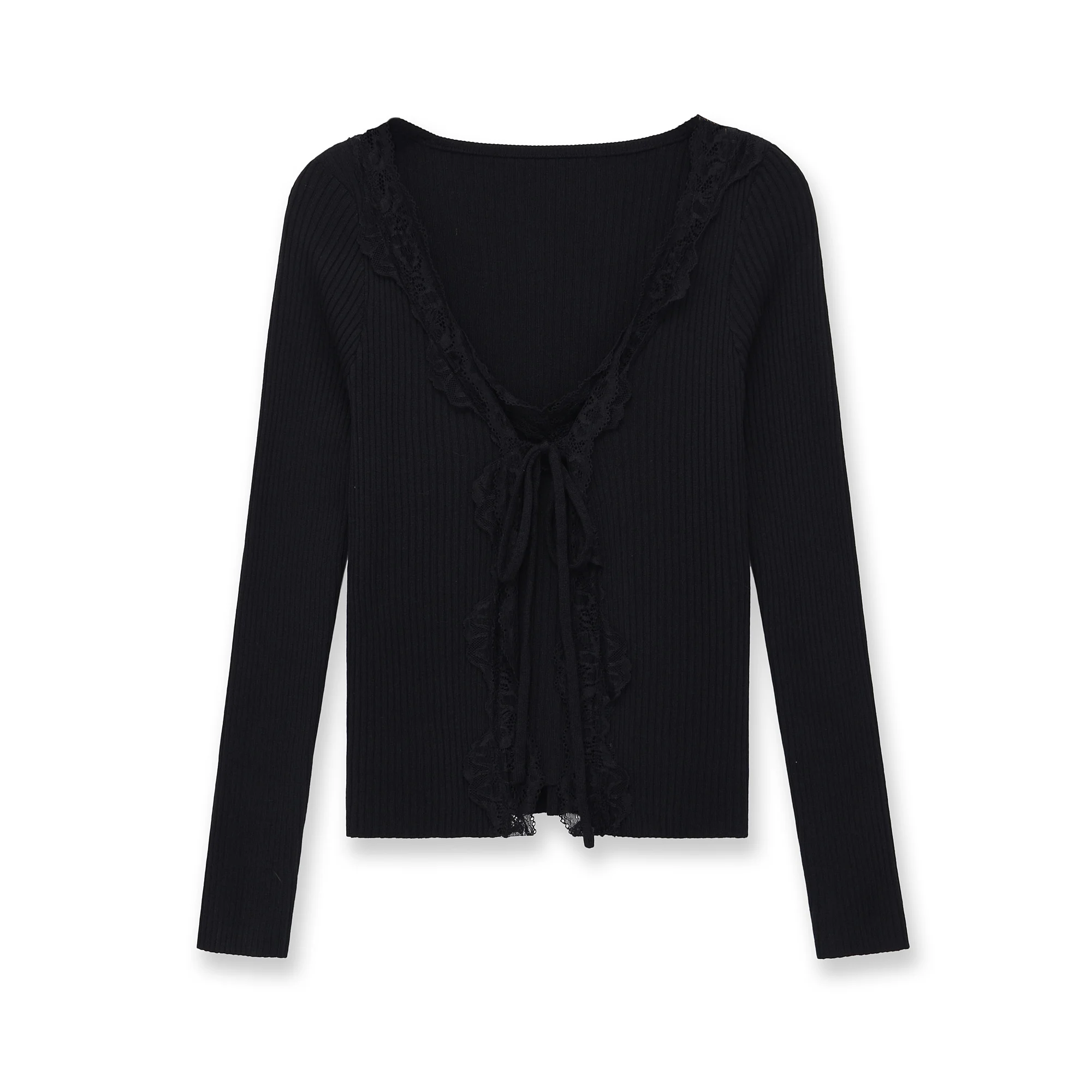 Women's Coat Spring New Black Long-Sleeve Lace Trim Splice Tie-Decorated Knit Cardigan Coat Sexy and Fashionable
Women's Coat Spring New Black Long-Sleeve Lace Trim Splice Tie-Decorated Knit Cardigan Coat Sexy and Fashionable