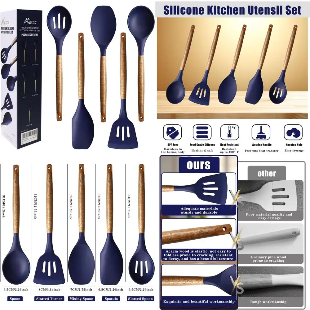 non-stick silicone kitchen utensils set with natural acacia hard wood handle, 5 piece, midnight blue, bpa free, baking & servin
non-stick silicone kitchen utensils set with natural acacia hard wood handle, 5 piece, midnight blue, bpa free, baking & servin
