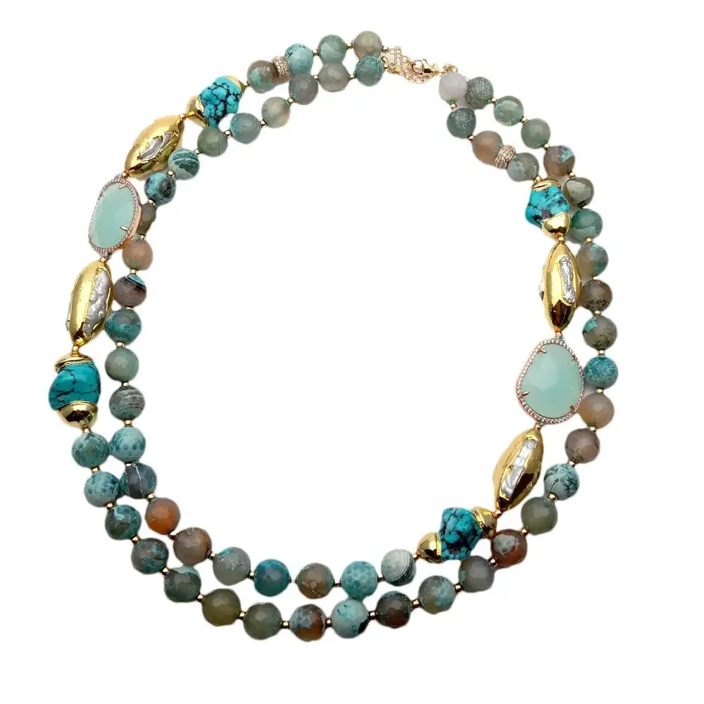 YYGEM 2 Rows 12mm Green Agate 15x26mm Blue Turquoise Crystal White Biwa Pearl Necklace Women Jewelry
YYGEM 2 Rows 12mm Green Agate 15x26mm Blue Turquoise Crystal White Biwa Pearl Necklace Women Jewelry