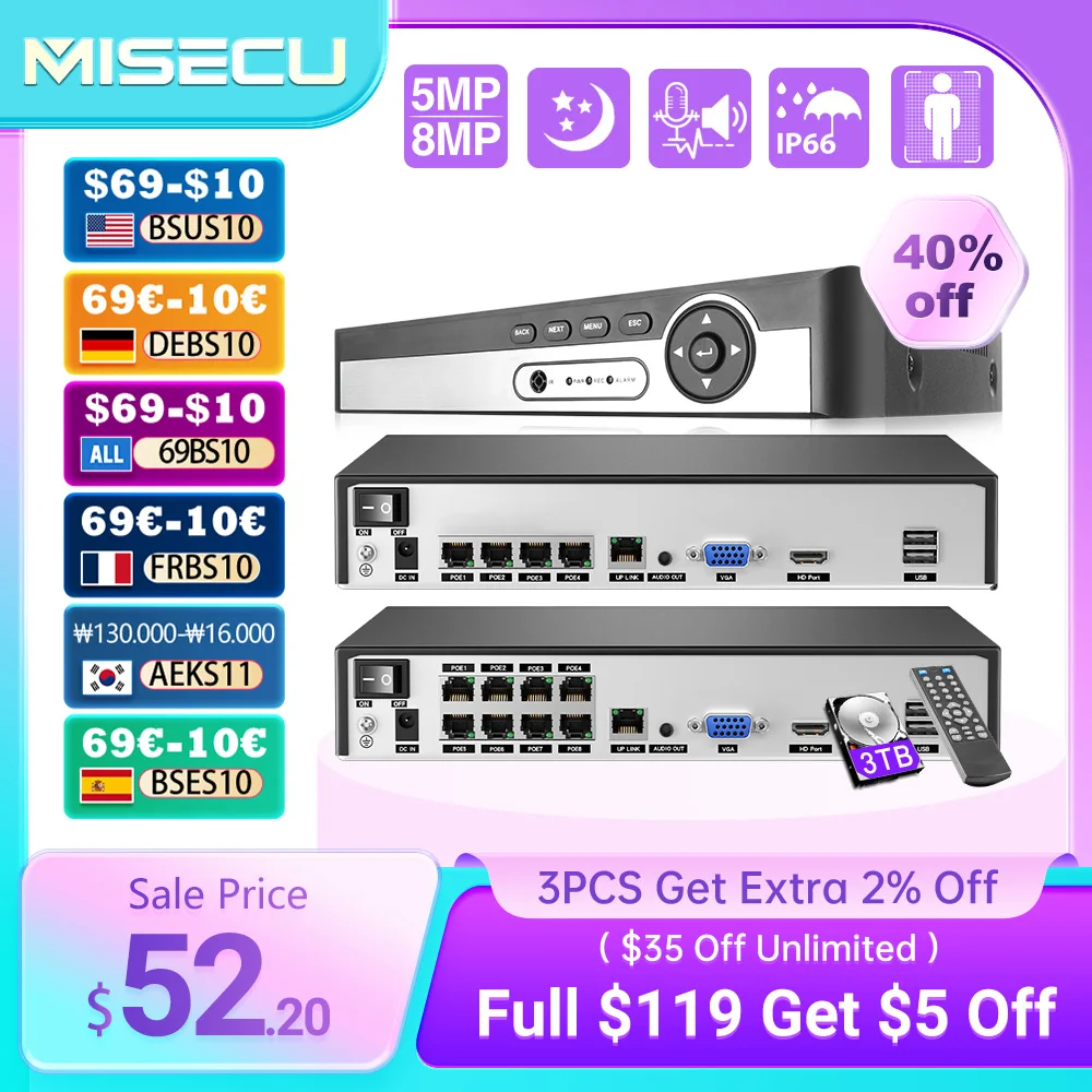 MISECU H.265 4CH 8CH 8MP 5MP 4K 1080P POE NVR Network Face Detection Video Recorder For Security POE IP Camera ONVIF
MISECU H.265 4CH 8CH 8MP 5MP 4K 1080P POE NVR Network Face Detection Video Recorder For Security POE IP Camera ONVIF