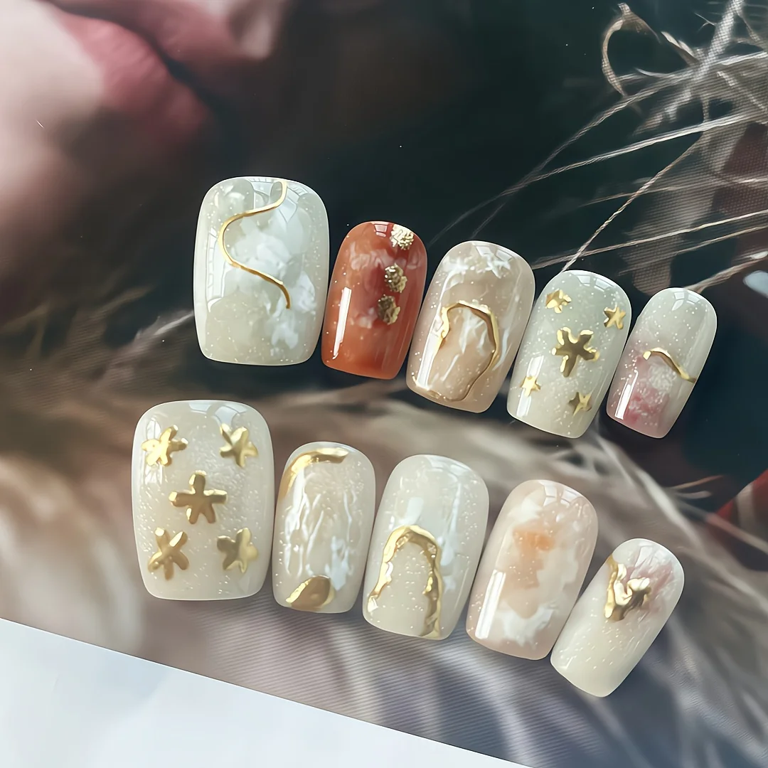 10Pcs Handmade Press on Nails French Gentle Amber Gilded Flowers False Nail for Women&Girl Short Ladder Detachable Wearable Nail
10Pcs Handmade Press on Nails French Gentle Amber Gilded Flowers False Nail for Women&Girl Short Ladder Detachable Wearable Nail