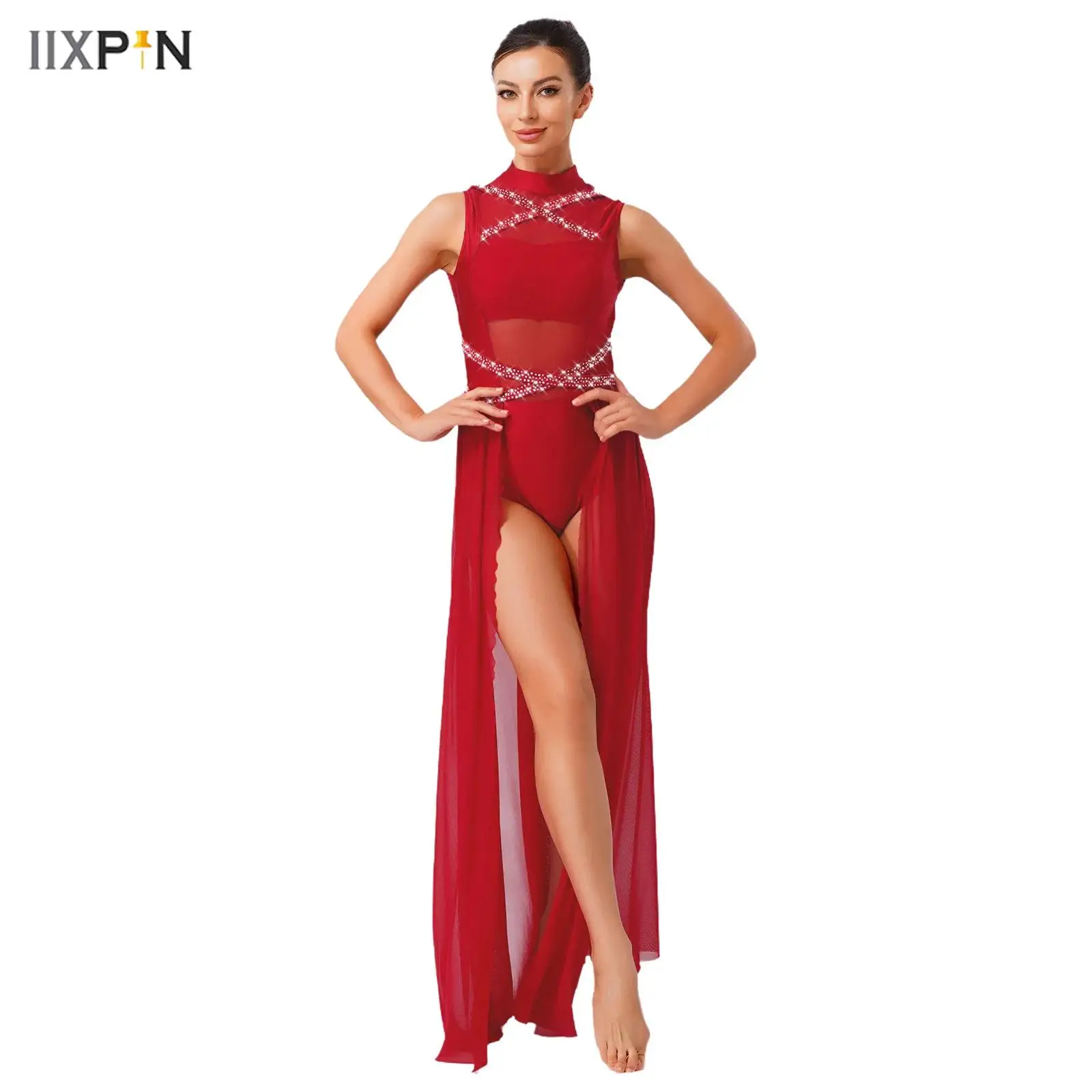 Women Lyrical Modern Dance Leotard Dress Solid Color Sleeveless Crossed Rhinestones Backless High Waist Mesh Hem Dance Dress
Women Lyrical Modern Dance Leotard Dress Solid Color Sleeveless Crossed Rhinestones Backless High Waist Mesh Hem Dance Dress