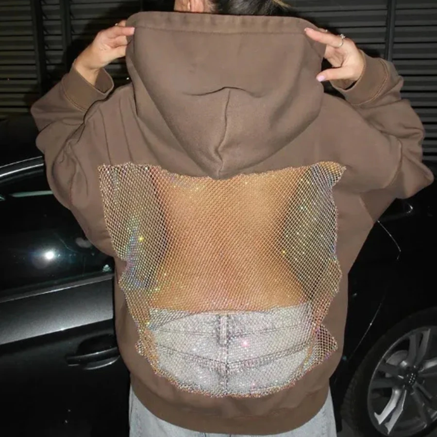 Fashionable Womens Open Back Hooded Sweatshirt Long Sleeve Solid Color Casual Tops with Sparkling Mesh Panel
Fashionable Womens Open Back Hooded Sweatshirt Long Sleeve Solid Color Casual Tops with Sparkling Mesh Panel