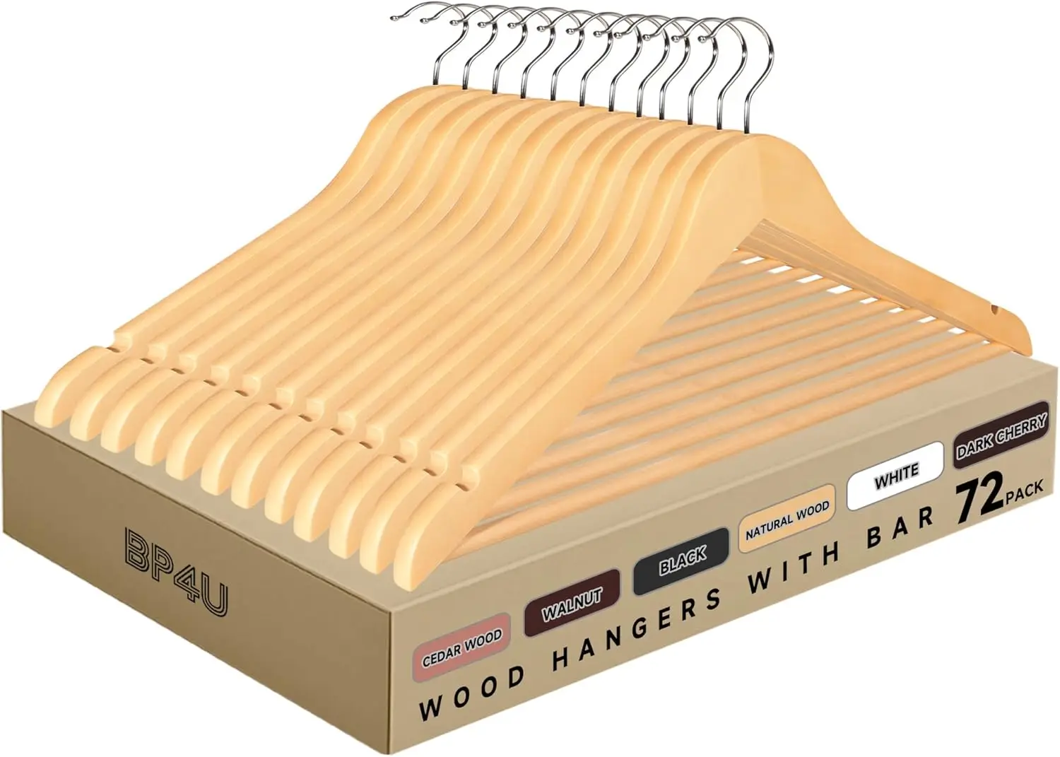 Solid Wood Clothes Hangers with Pants Bar, 72-Pack, Natural
Solid Wood Clothes Hangers with Pants Bar, 72-Pack, Natural