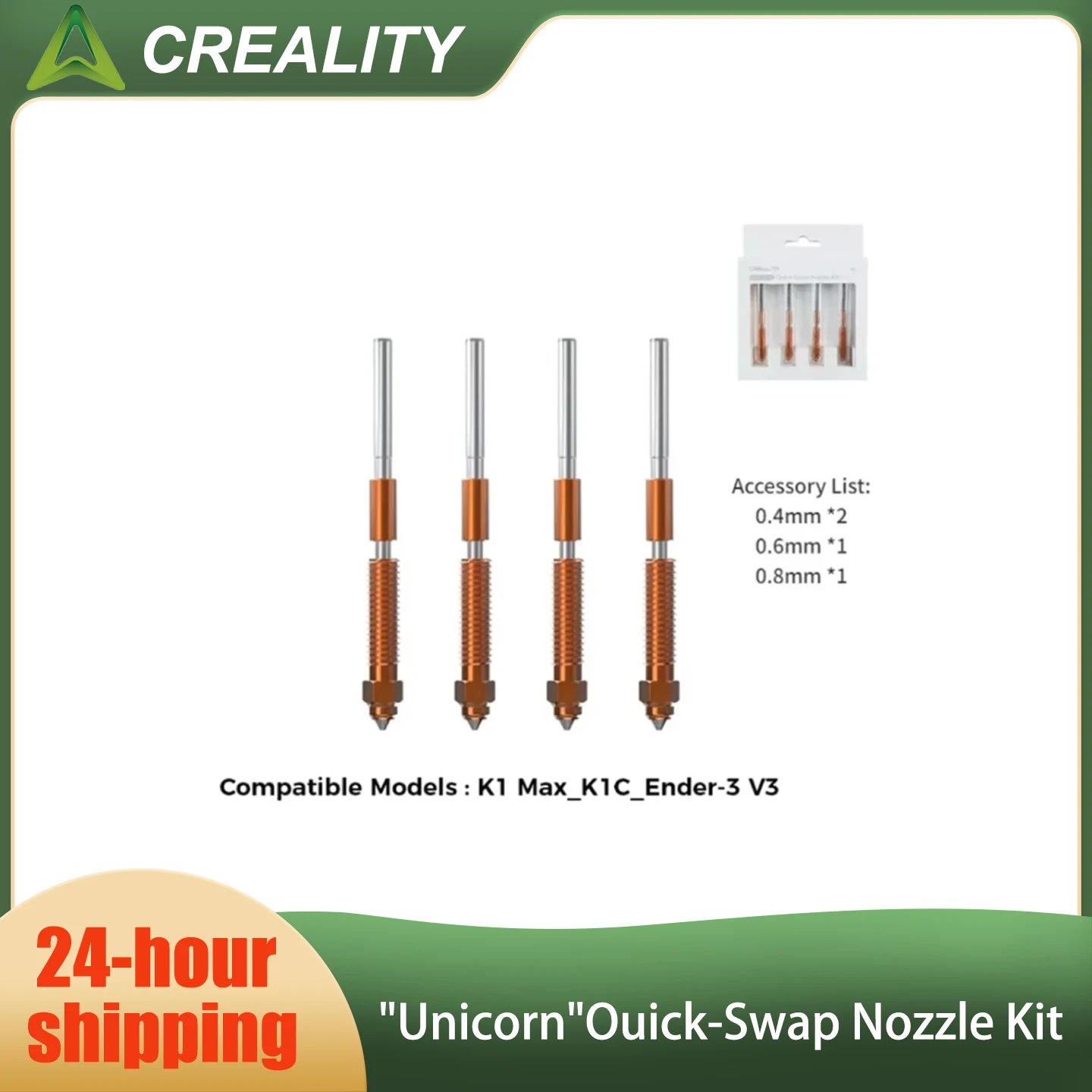 Creality Upgraded 4PCS Hardened Steel Nozzles 0.4/0.6/0.8mm High-Speed K1 Max_K1C_Ender-3 V3 Unicorn Quick-Swap Nozzle Kit
Creality Upgraded 4PCS Hardened Steel Nozzles 0.4/0.6/0.8mm High-Speed K1 Max_K1C_Ender-3 V3 Unicorn Quick-Swap Nozzle Kit