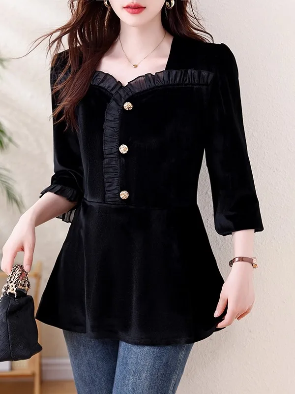 Black Velvet Base Shirt Women's Fashion Autumn Winter Long Sleeve Waist Cinched Skirt Hem T-Shirt Elegant Casual Style
Black Velvet Base Shirt Women's Fashion Autumn Winter Long Sleeve Waist Cinched Skirt Hem T-Shirt Elegant Casual Style