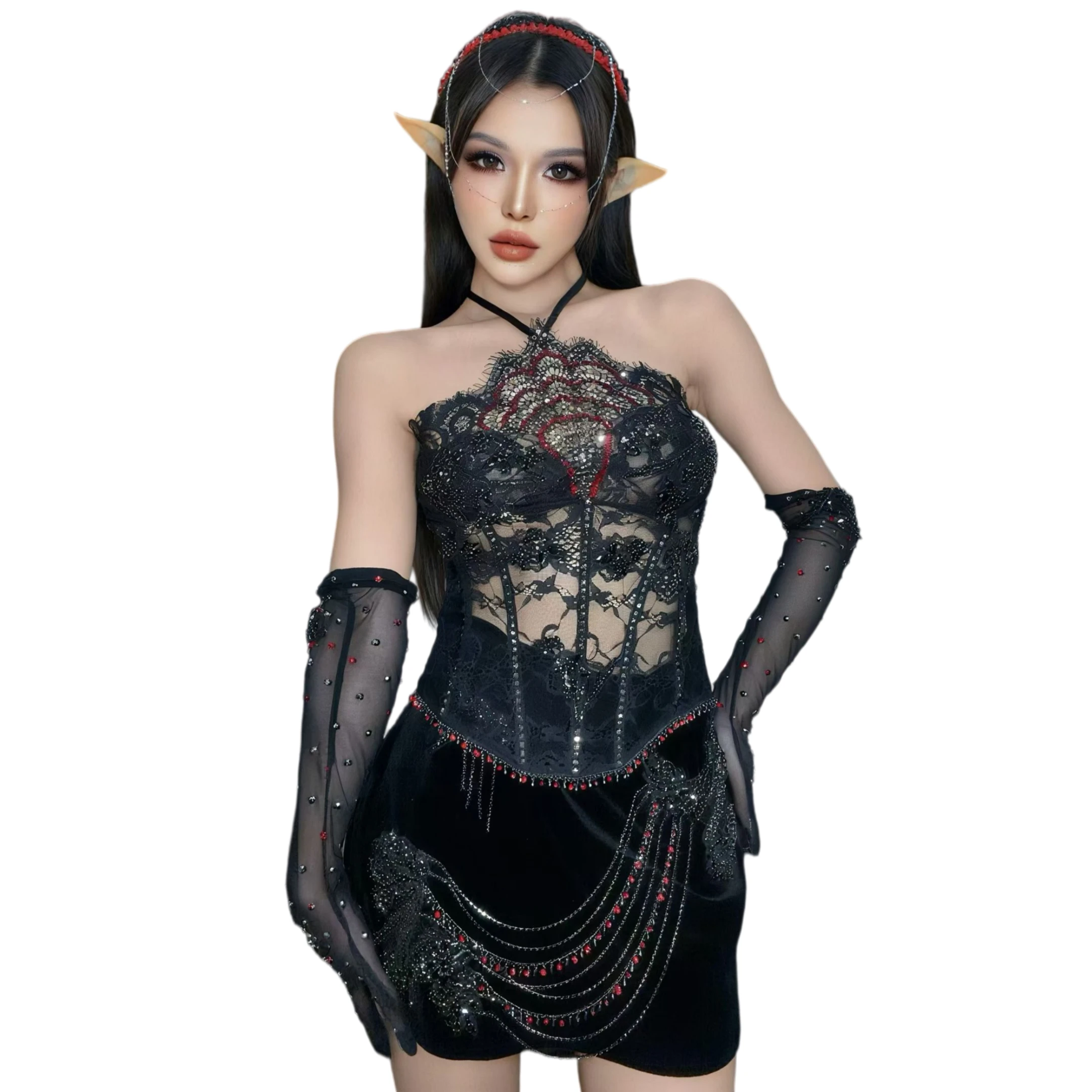 Sparkly Rhinestone Black Lace Elf Outfit Halter Neck Corset Top Velvet Mini Dress With Gloves Outfit Party Performance Costume
Sparkly Rhinestone Black Lace Elf Outfit Halter Neck Corset Top Velvet Mini Dress With Gloves Outfit Party Performance Costume