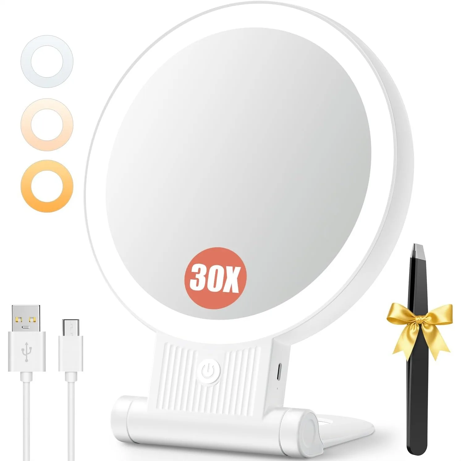 Double Sided Magnifying Mirror with Light, 1X/30X Rechargeable Travel Makeup Mirror with 3 Color Lighting and Tweezer
Double Sided Magnifying Mirror with Light, 1X/30X Rechargeable Travel Makeup Mirror with 3 Color Lighting and Tweezer