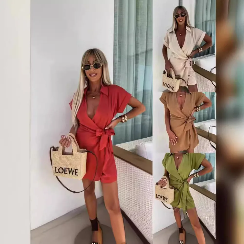 Fashion 2024 New Womens Jumpsuit Shorts Casual Solid Color Shirt Collar Tie Belt Waist Summer Sleeve Shorts Outfit
Fashion 2024 New Womens Jumpsuit Shorts Casual Solid Color Shirt Collar Tie Belt Waist Summer Sleeve Shorts Outfit