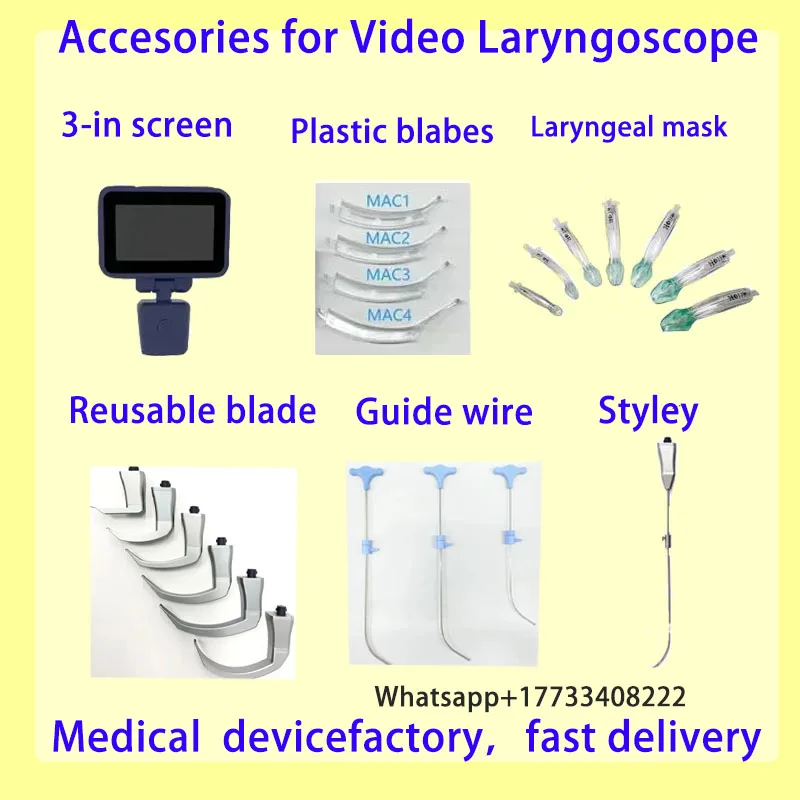 Accessories for Video Laryngoscope Stainless Steel Blades, Laryngeal Mask Airway, guide wire, and Screen
Accessories for Video Laryngoscope Stainless Steel Blades, Laryngeal Mask Airway, guide wire, and Screen