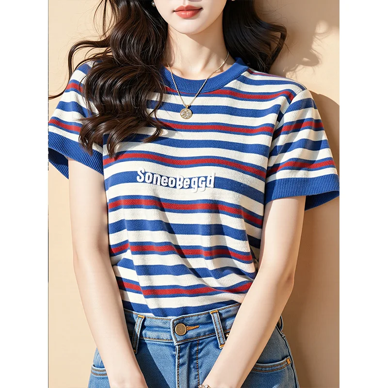 Women Clothing Striped O-nec Short Sleeve T-shirt Summer Knit Fashion Letter Embroidery Tops Chic Vintage Pullovers
Women Clothing Striped O-nec Short Sleeve T-shirt Summer Knit Fashion Letter Embroidery Tops Chic Vintage Pullovers