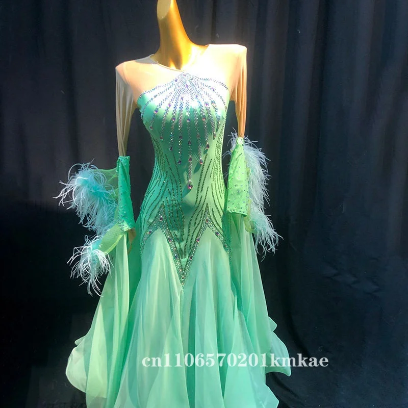 Women's Flowy Mint Green Ballroom Competition Dress, Sheer Mesh Long Sleeves with Feathers & Rhinestones, Waltz Tango
Women's Flowy Mint Green Ballroom Competition Dress, Sheer Mesh Long Sleeves with Feathers & Rhinestones, Waltz Tango
