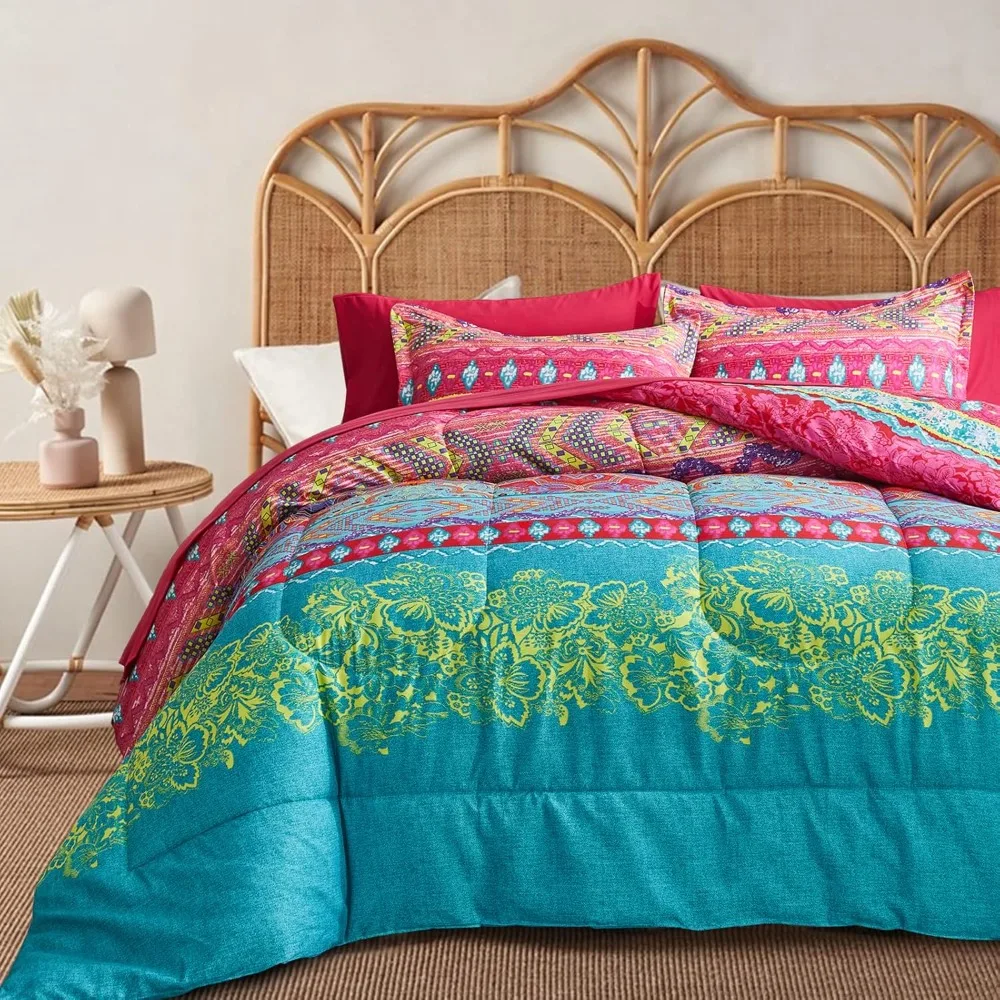 Boho Bed in a Bag 7 Pieces Queen Size, Colorful Bohemian Tribal Style Pink n Blue Floral Reversible Comforter Duvet Cover Set
Boho Bed in a Bag 7 Pieces Queen Size, Colorful Bohemian Tribal Style Pink n Blue Floral Reversible Comforter Duvet Cover Set