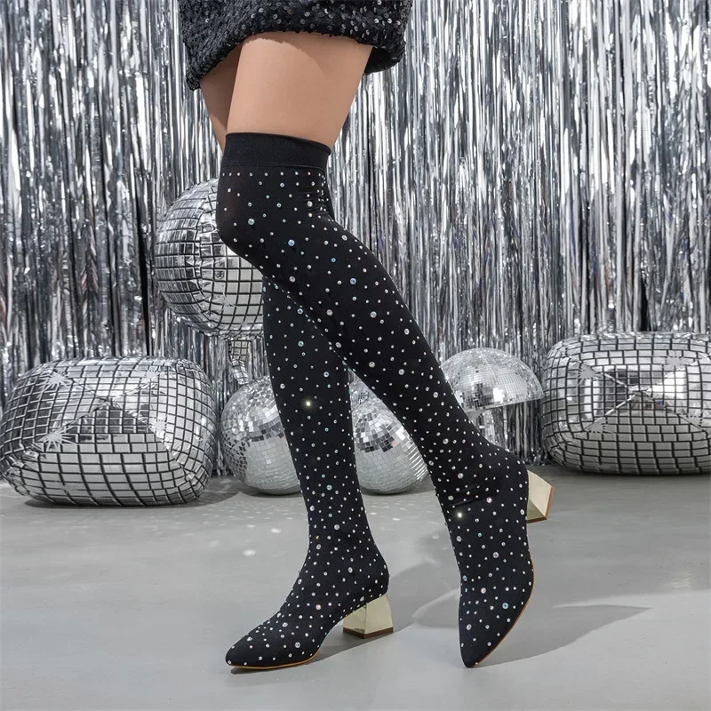 Women's Pointed Toe Rhinestone Studded Stretch Fabric Slip on Over‑the‑Knee Gold Block Heel Boots,Nightclub Party Footwear,Drop
Women's Pointed Toe Rhinestone Studded Stretch Fabric Slip on Over‑the‑Knee Gold Block Heel Boots,Nightclub Party Footwear,Drop