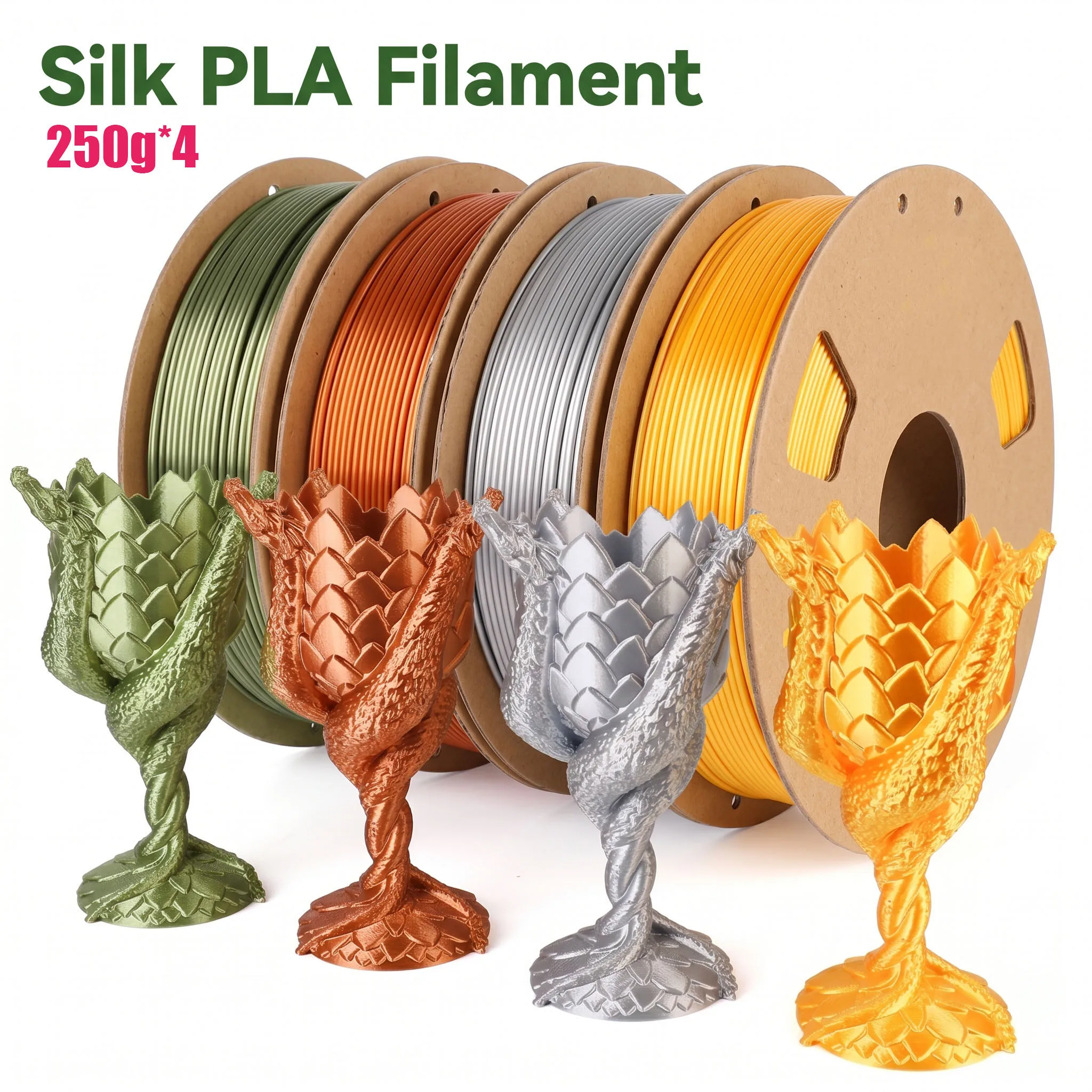 1.75mm Silk PLA Filament Bundle 4 Colors (Gold Silver Bronze Red Copper) Metallic 3D Printing Filament Set for 3D Printer
1.75mm Silk PLA Filament Bundle 4 Colors (Gold Silver Bronze Red Copper) Metallic 3D Printing Filament Set for 3D Printer
