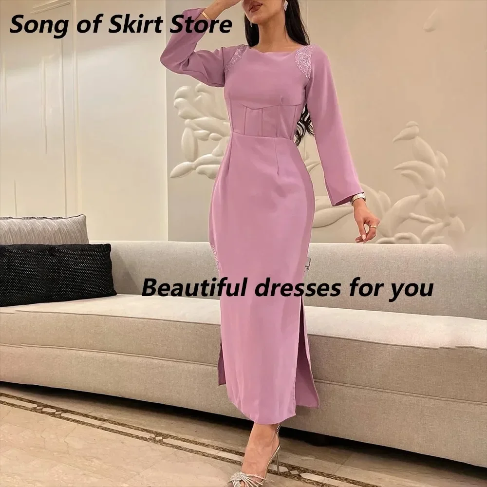 Elegant Wedding Guest Dresses for Women Long Sleeves Mermaid Formal Party Gowns Split Midi Saudi Arabia Evening Dress Customized 
Elegant Wedding Guest Dresses for Women Long Sleeves Mermaid Formal Party Gowns Split Midi Saudi Arabia Evening Dress Customized