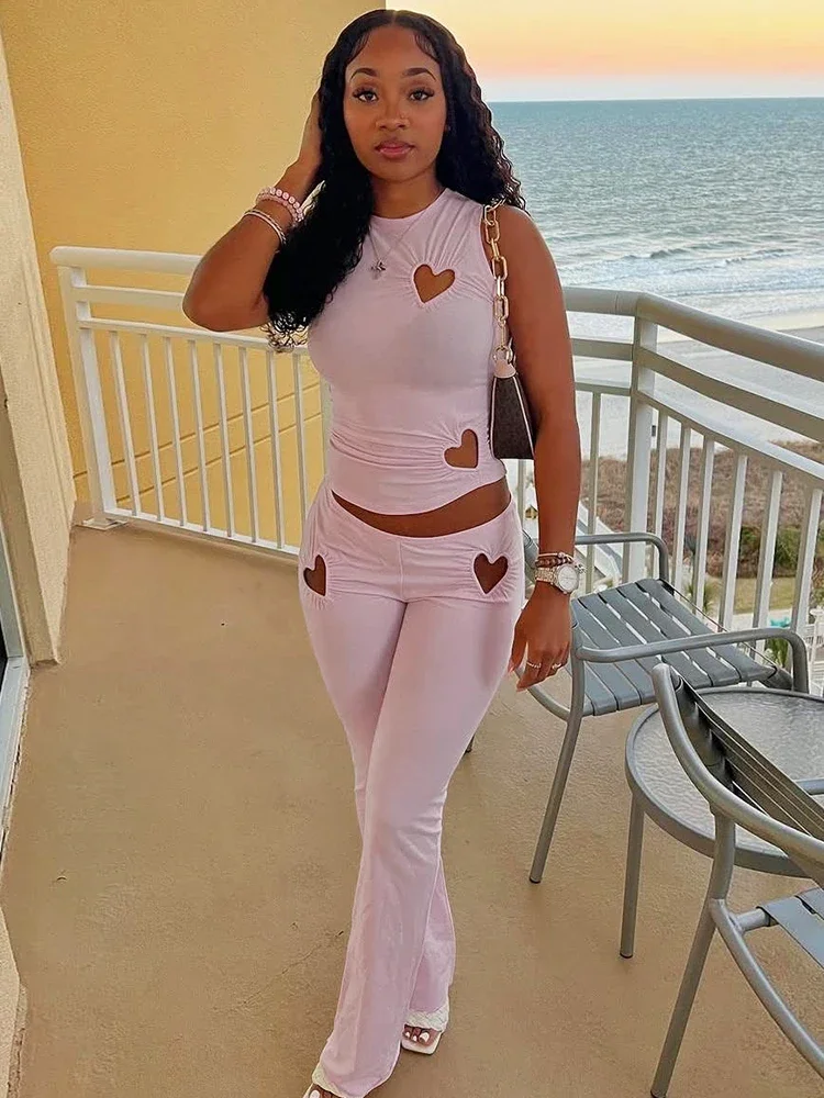 Heart Hollow 2 Piece Set Women o-Neck Sleeveless Tops+Skinny Stretch Pants Vacation Casual Simple Elegant Solid Suits
Heart Hollow 2 Piece Set Women o-Neck Sleeveless Tops+Skinny Stretch Pants Vacation Casual Simple Elegant Solid Suits