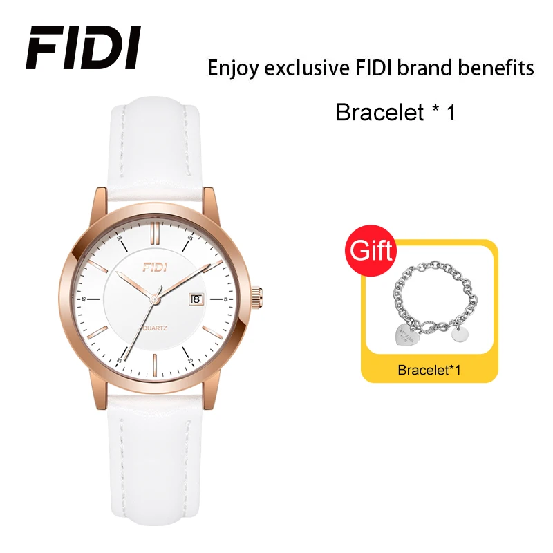 FIDI Women Quartz Watch White Leather Strap Rose Gold Dial Ladies Calendar Dress Wrist Watch With Free Heart Bracelet Gift
FIDI Women Quartz Watch White Leather Strap Rose Gold Dial Ladies Calendar Dress Wrist Watch With Free Heart Bracelet Gift