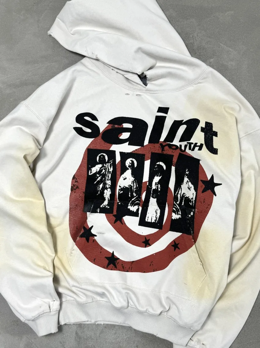 2025SS Saint Tear с буквенным принтом и капюшоном для мужчин и женщин, хлопковый свободный пуловер с длинными рукавами
2025SS Saint Tear с буквенным принтом и капюшоном для мужчин и женщин, хлопковый свободный пуловер с длинными рукавами